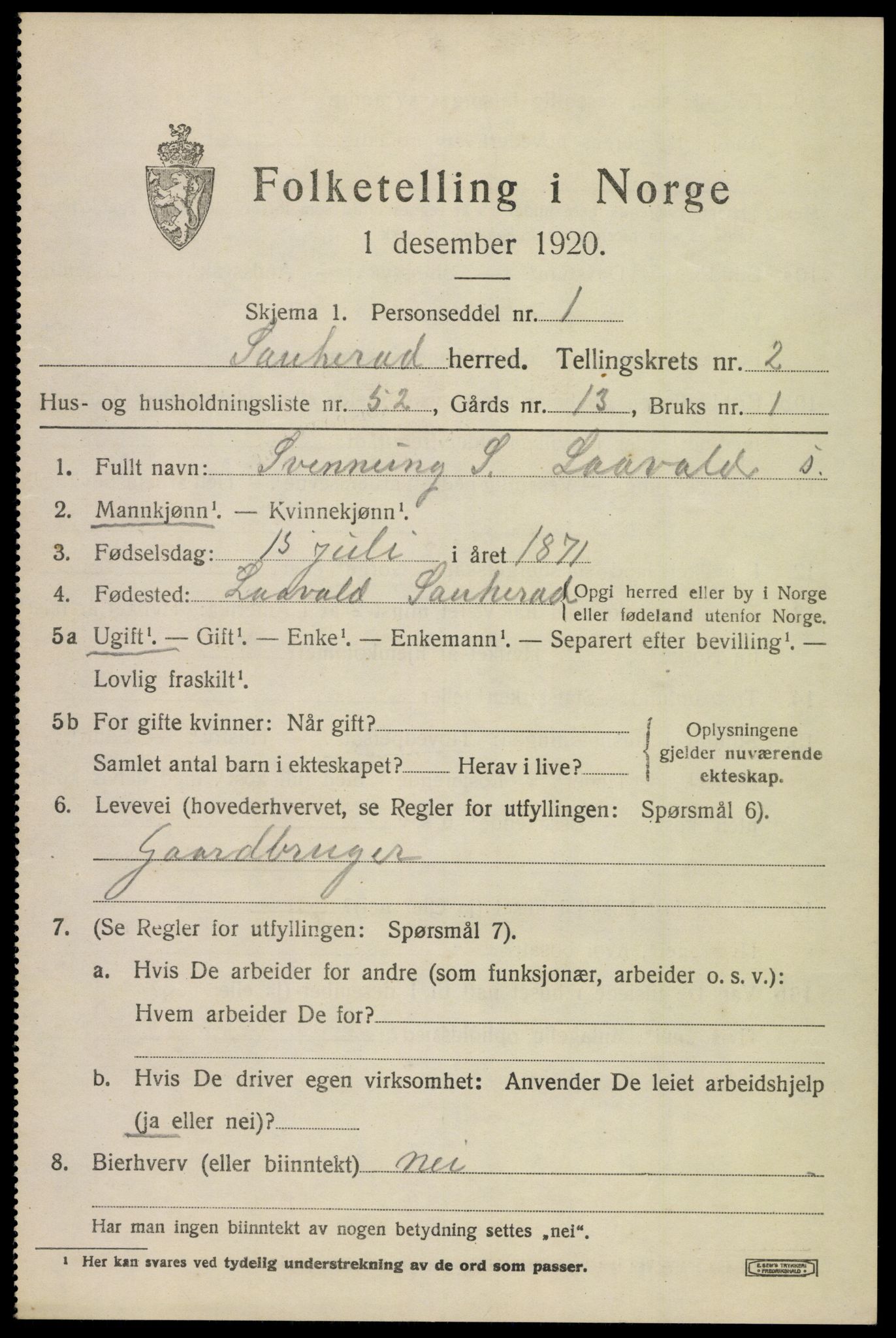 SAKO, 1920 census for Sauherad, 1920, p. 2869