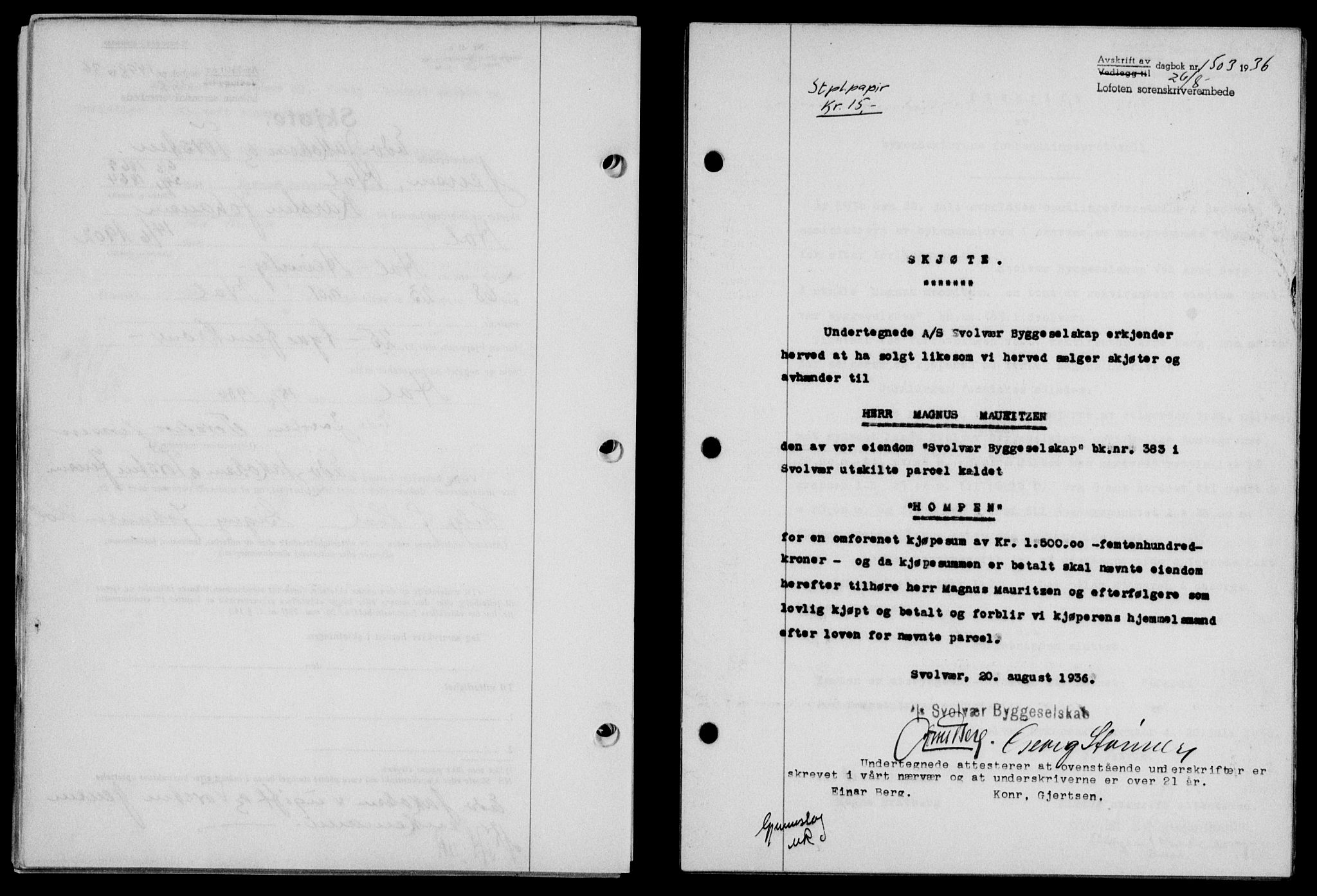 Lofoten sorenskriveri, SAT/A-0017/1/2/2C/L0001a: Mortgage book no. 1a, 1936-1937, Diary no: : 1503/1936