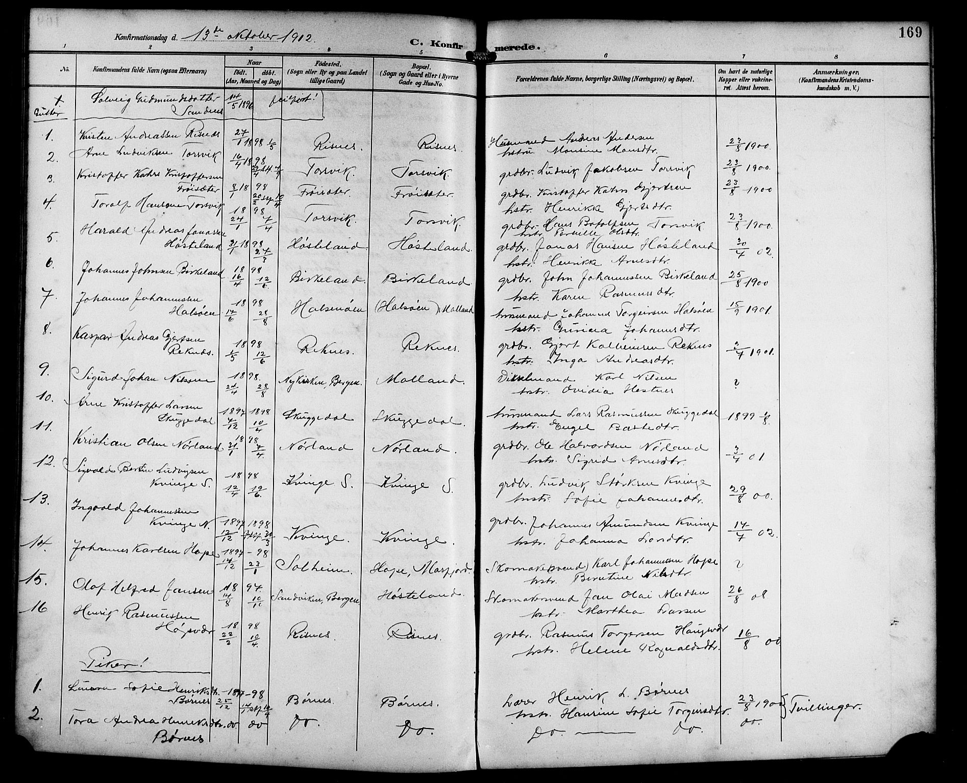 Masfjorden Sokneprestembete, AV/SAB-A-77001: Parish register (copy) no. B 1, 1892-1913, p. 169