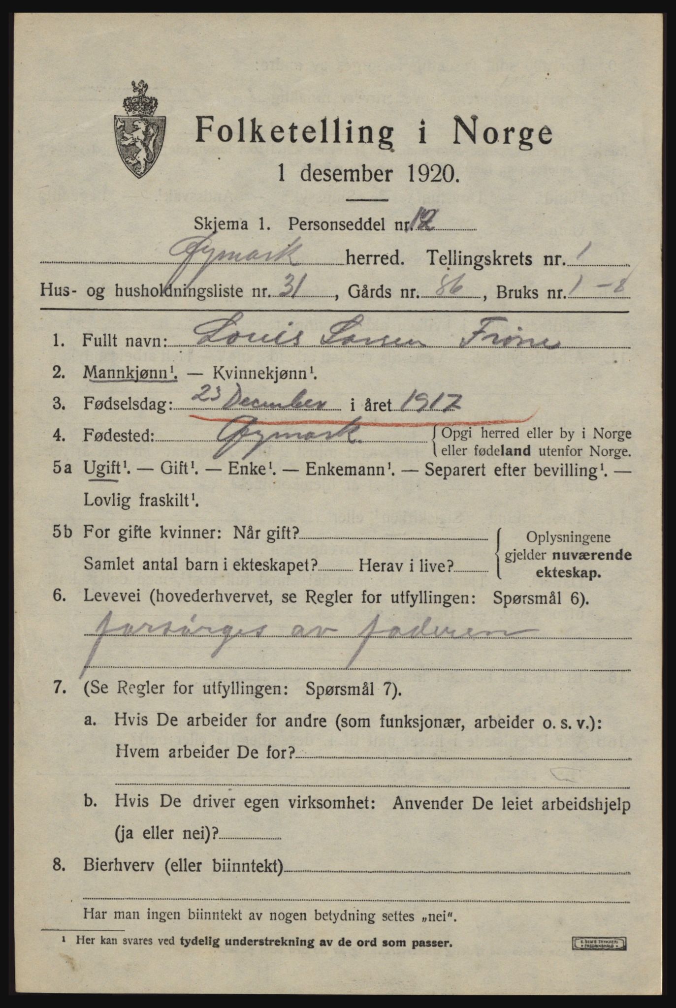 SAO, 1920 census for Øymark, 1920, p. 1123