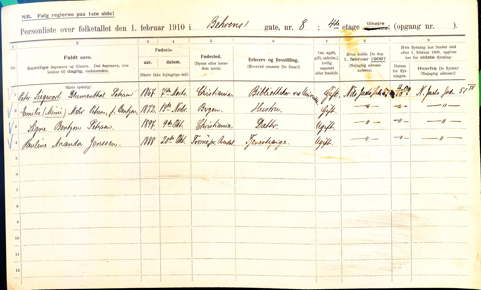 OBA, Municipal Census 1910 for Kristiania, 1910, p. 3322