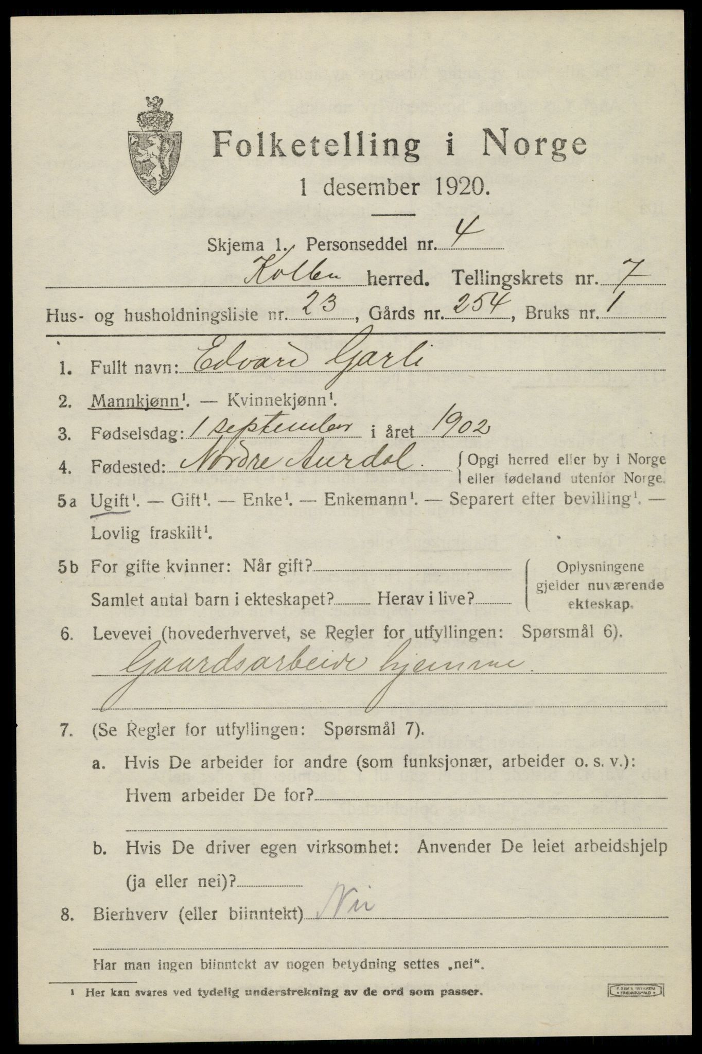 SAH, 1920 census for Kolbu, 1920, p. 5306