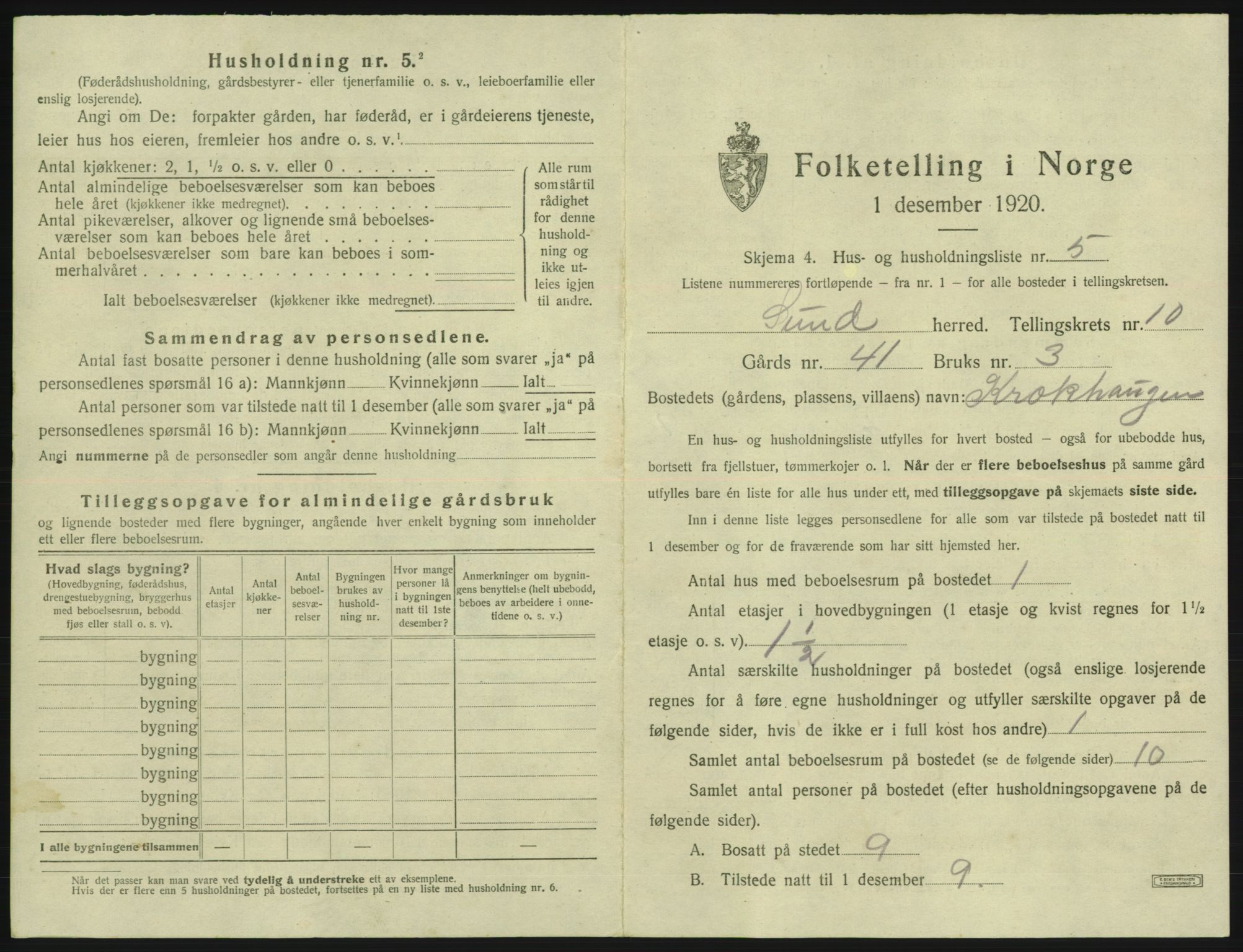 SAB, 1920 census for Sund, 1920, p. 845