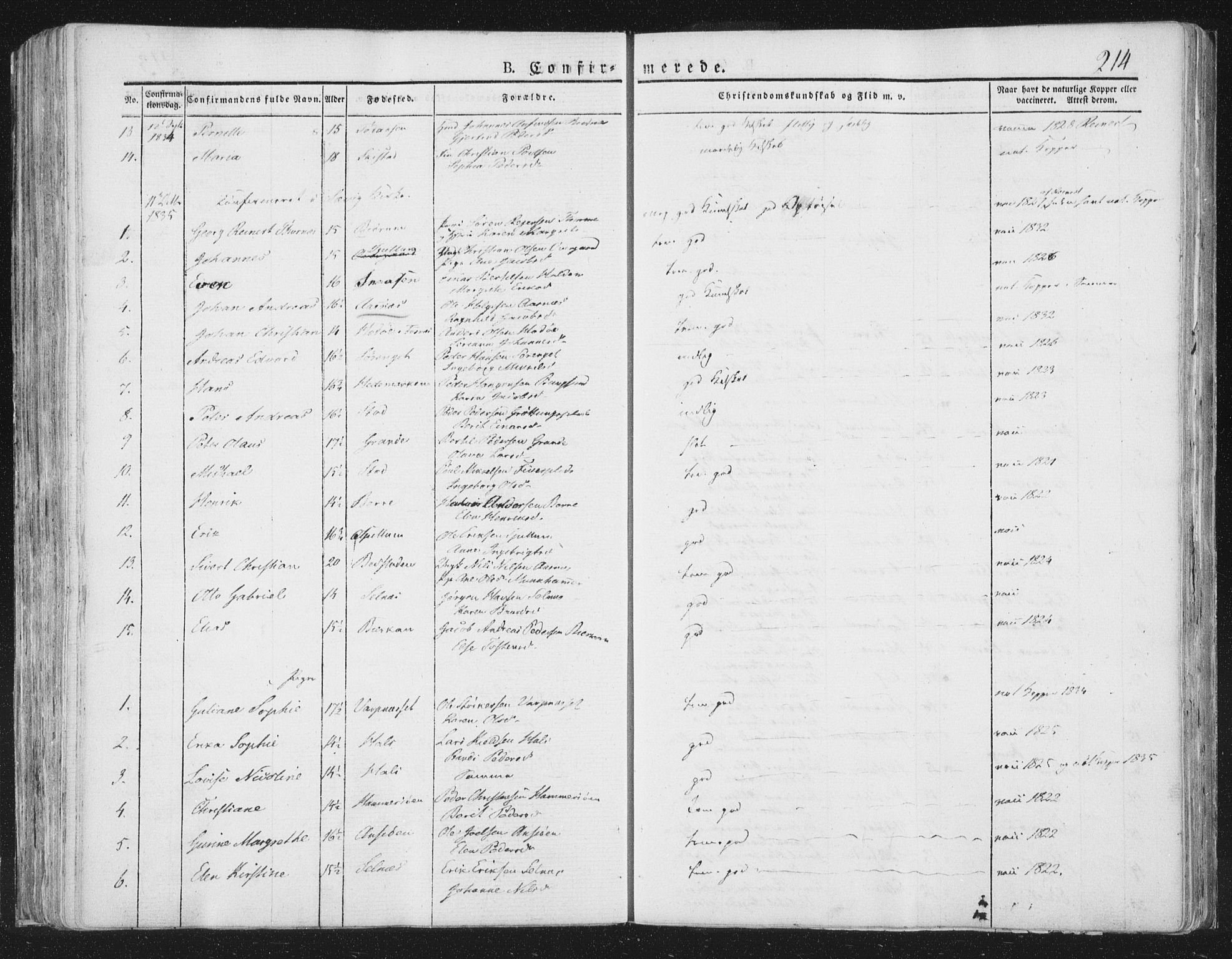 Ministerialprotokoller, klokkerbøker og fødselsregistre - Nord-Trøndelag, SAT/A-1458/764/L0551: Parish register (official) no. 764A07a, 1824-1864, p. 214