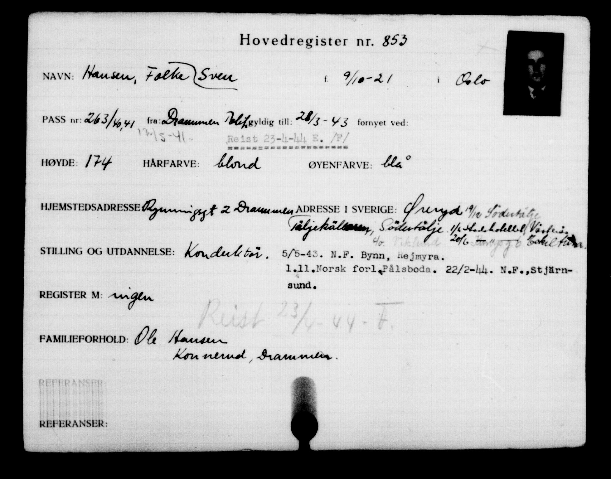 Utenriksstasjonene, Legasjonen i Stockholm, Flyktningkontoret, AV/RA-S-6753/V/Va/L0001: Kjesäterkartoteket, flyktninger med registreringsnr. 1-1000, 1940-1945, p. 1355