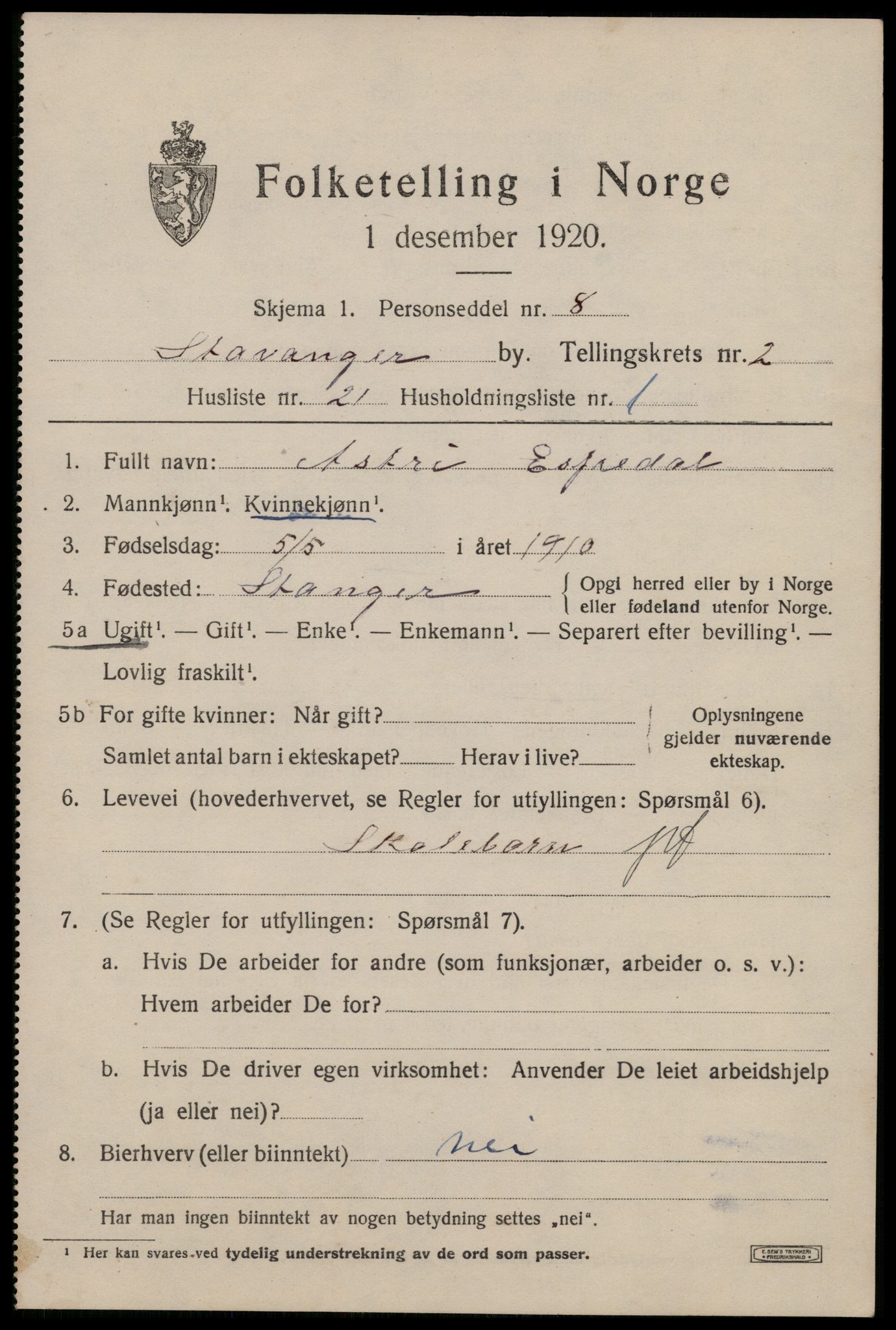 SAST, 1920 census for Stavanger, 1920, p. 34196