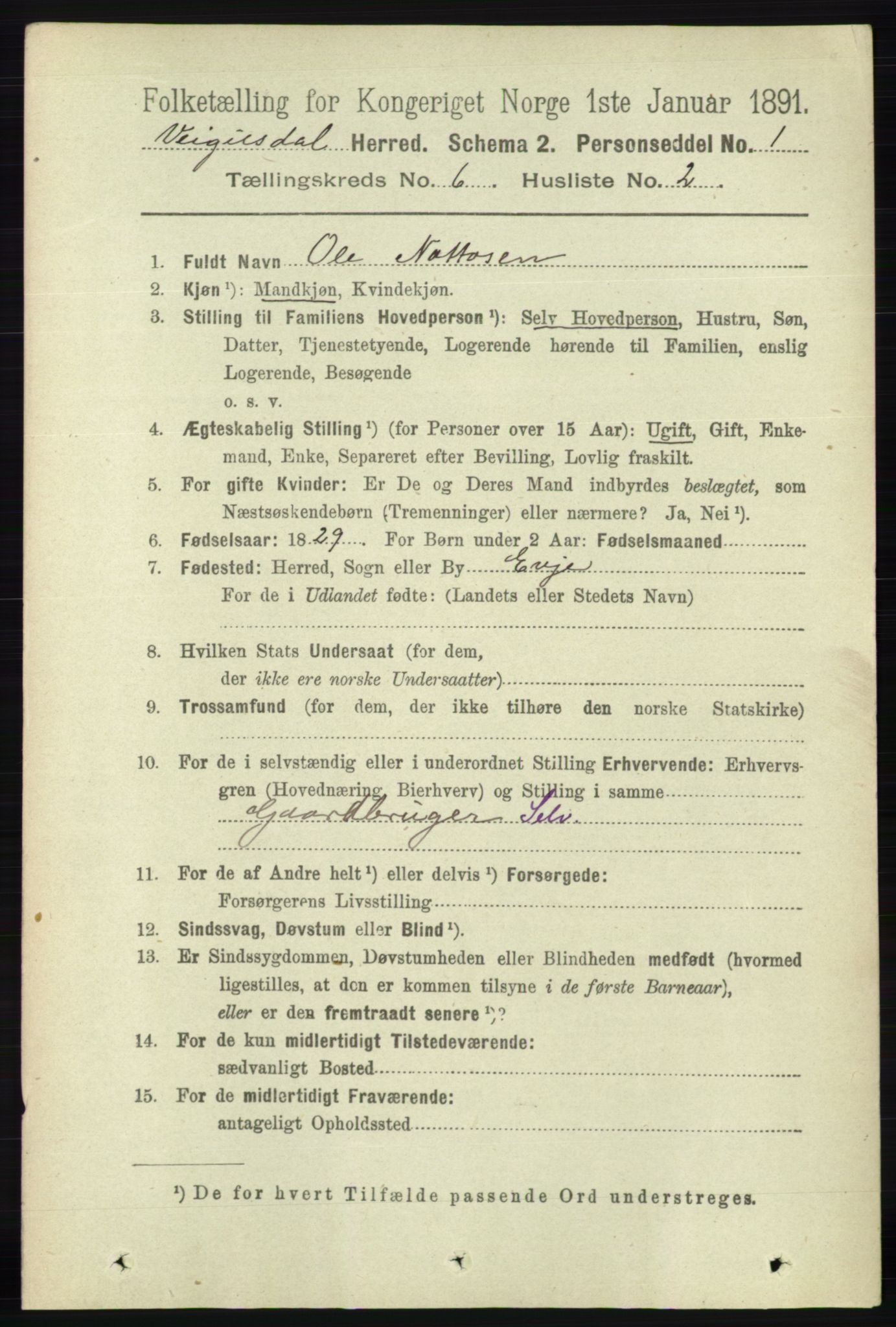 RA, 1891 census for 0934 Vegusdal, 1891, p. 1086