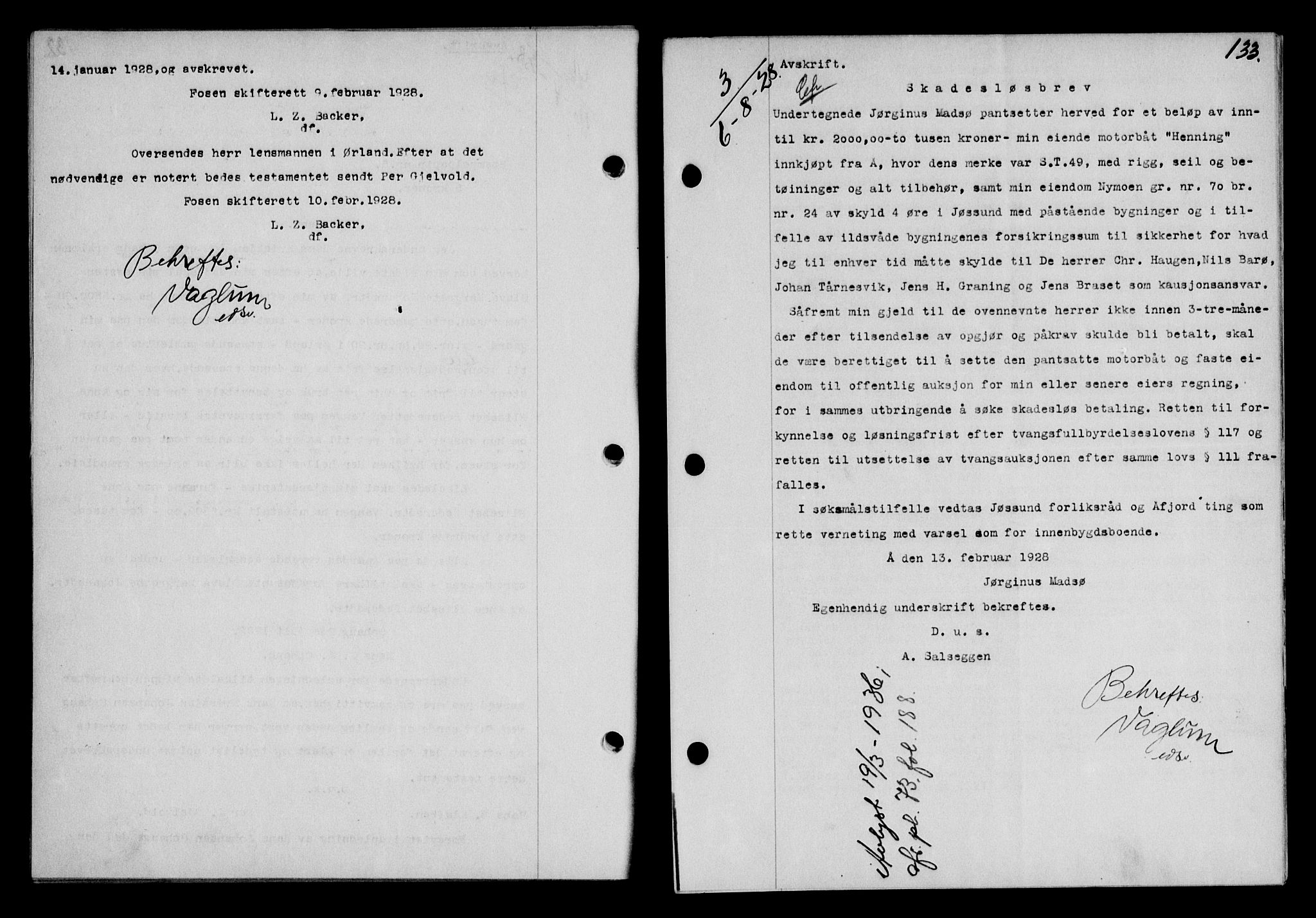 Fosen sorenskriveri, AV/SAT-A-1107/1/2/2C/L0067: Mortgage book no. 58, 1928-1929, p. 133, Deed date: 06.08.1928