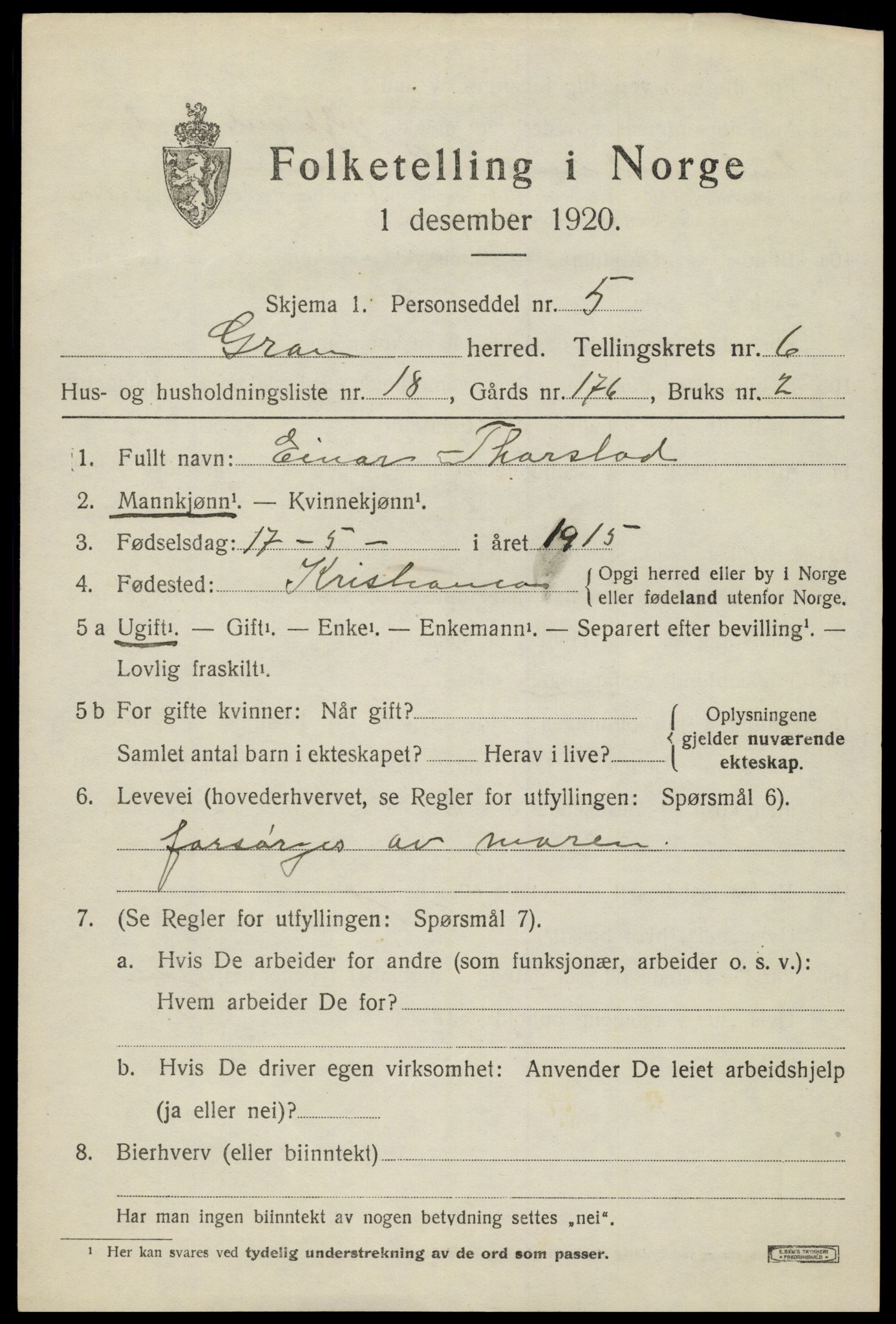 SAH, 1920 census for Gran, 1920, p. 8543