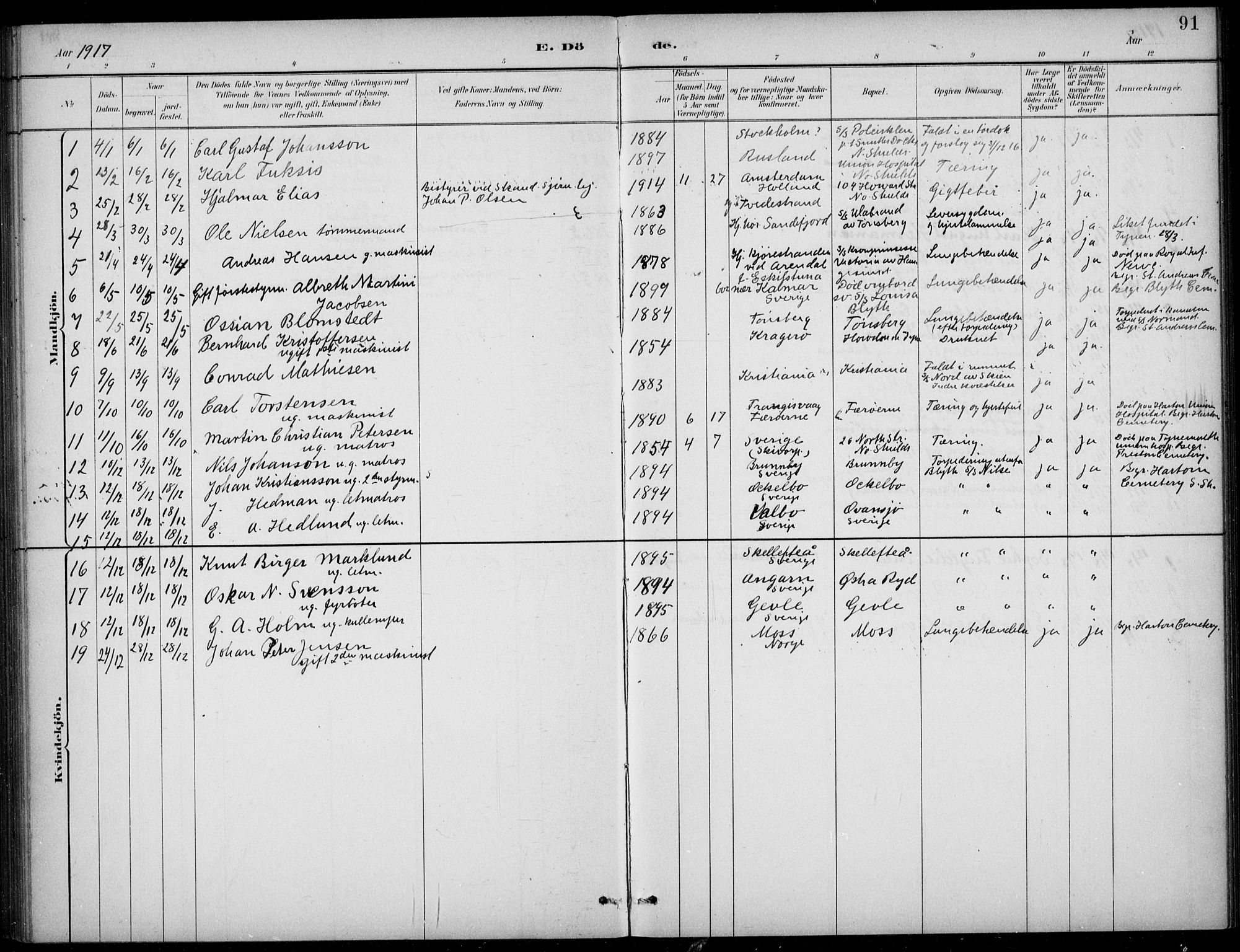 Den norske sjømannsmisjon i utlandet/Tyne-havnene (North Shields og New Castle), AV/SAB-SAB/PA-0101/H/Ha/L0002: Parish register (official) no. A 2, 1883-1938, p. 91