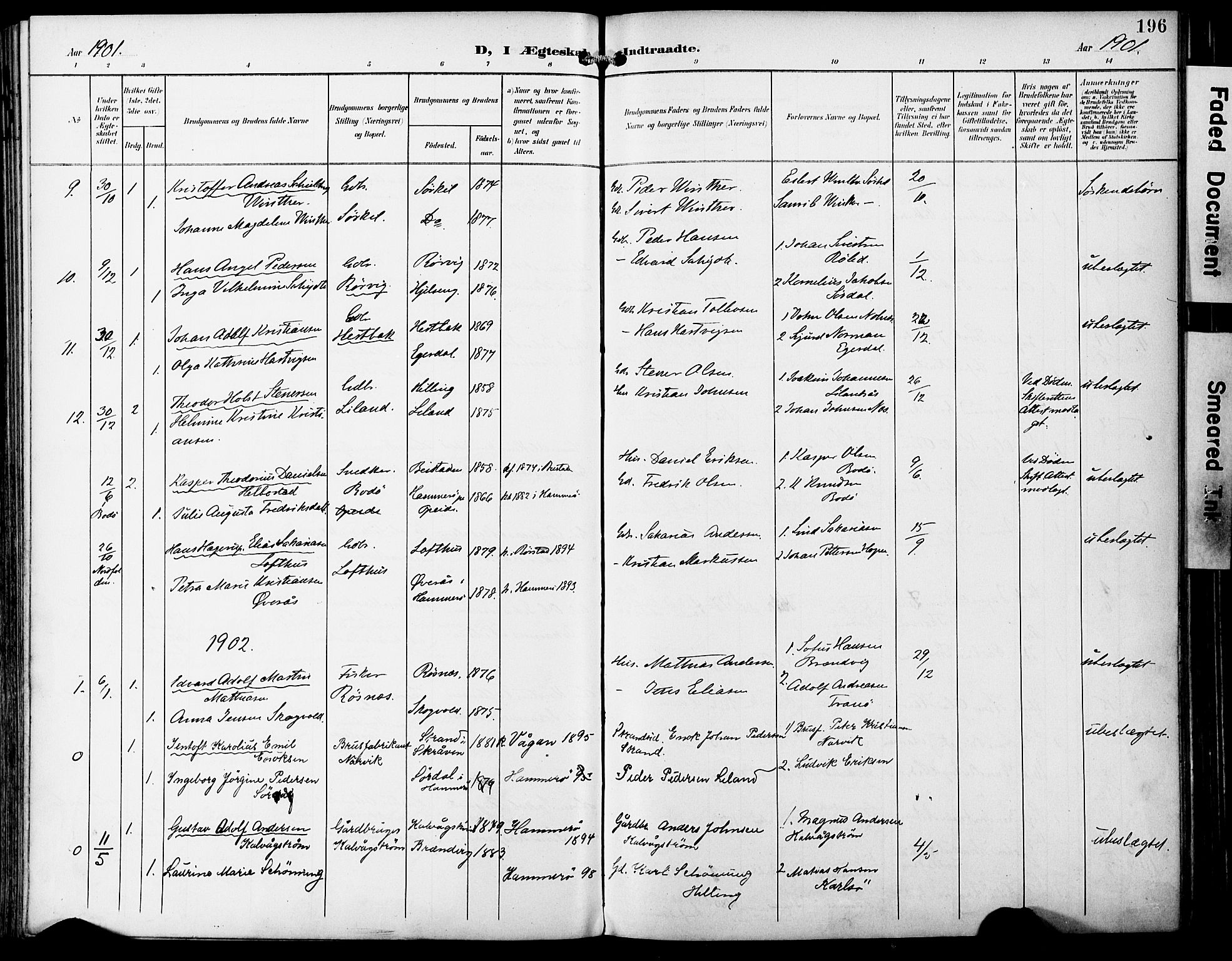 Ministerialprotokoller, klokkerbøker og fødselsregistre - Nordland, AV/SAT-A-1459/859/L0848: Parish register (official) no. 859A08, 1900-1912, p. 196