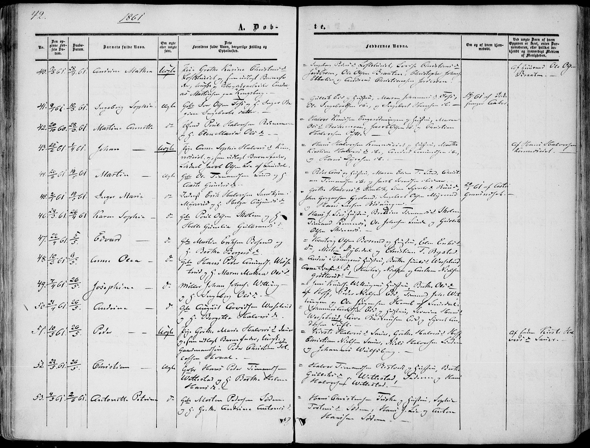 Sandsvær kirkebøker, AV/SAKO-A-244/F/Fa/L0006: Parish register (official) no. I 6, 1857-1868, p. 42