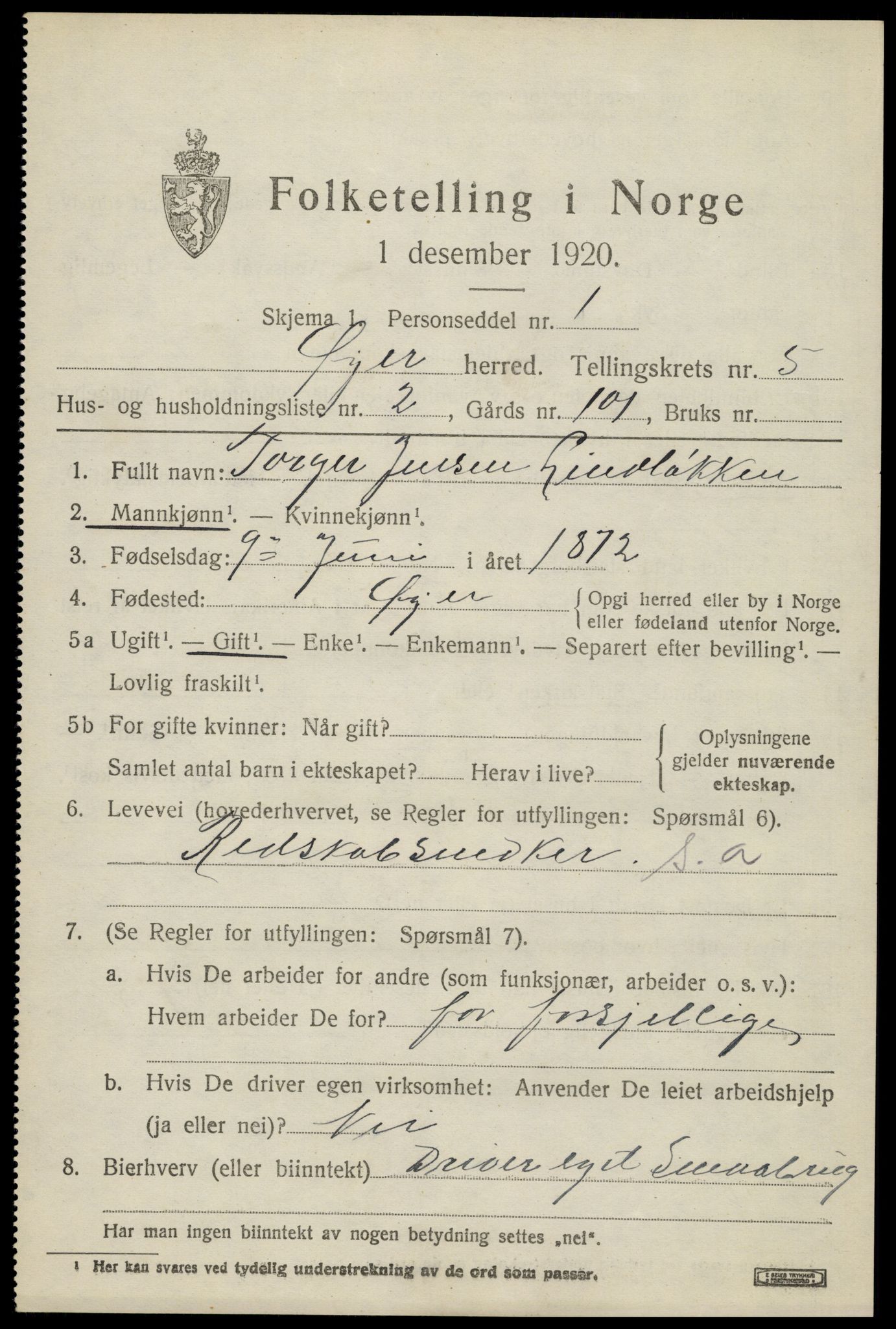 SAH, 1920 census for Øyer, 1920, p. 4471