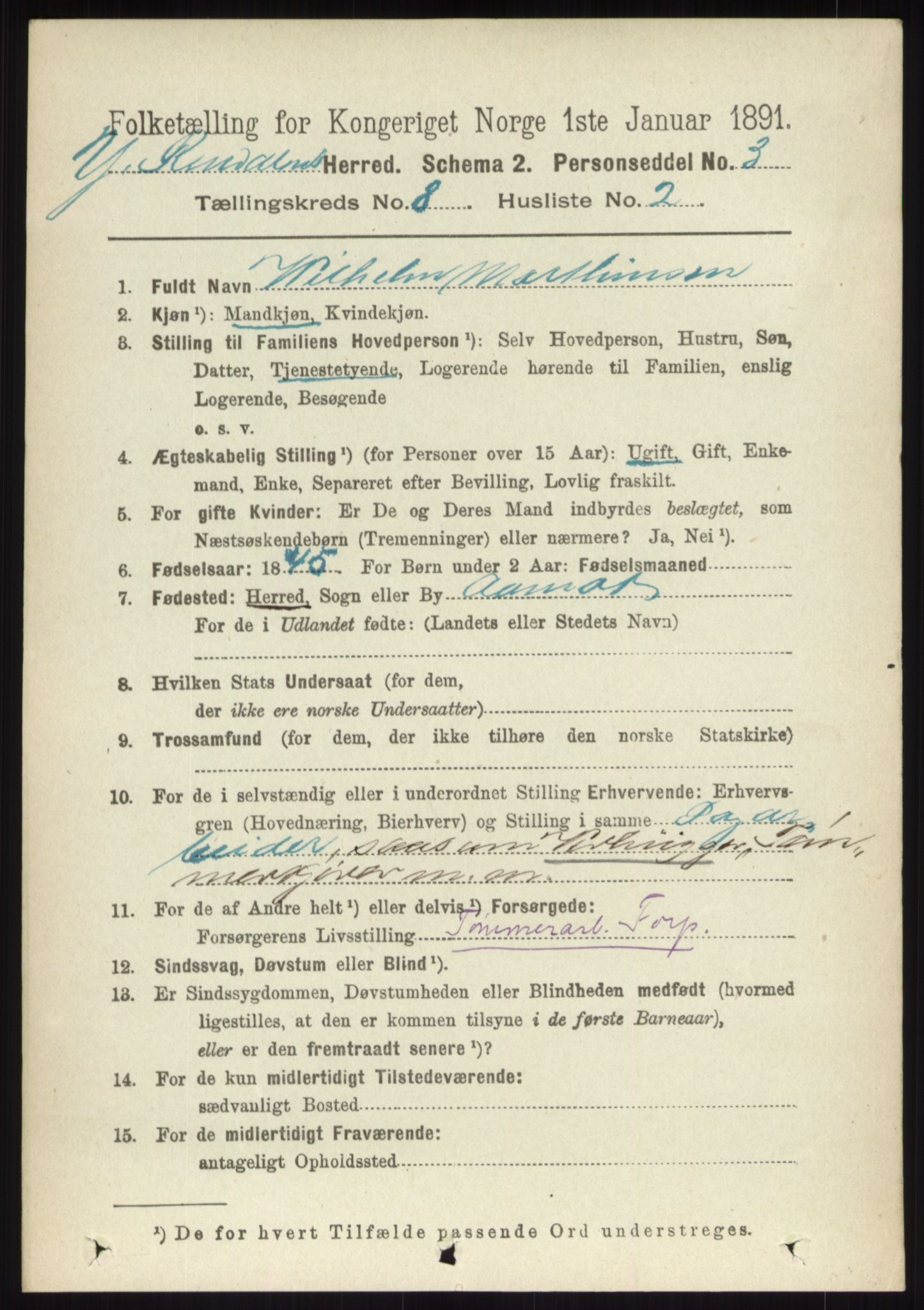 RA, 1891 census for 0432 Ytre Rendal, 1891, p. 2105