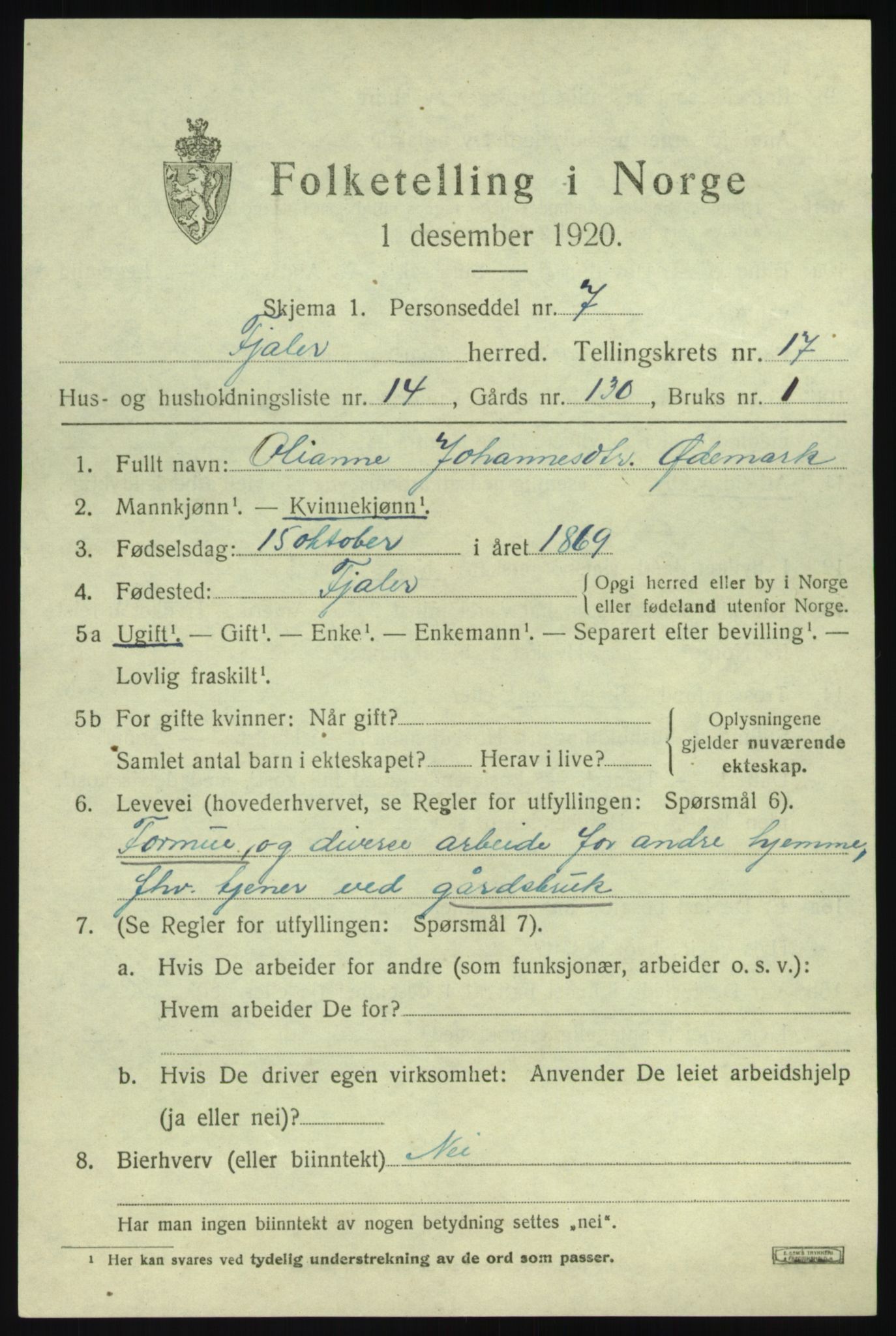 SAB, 1920 census for Fjaler, 1920, p. 8879