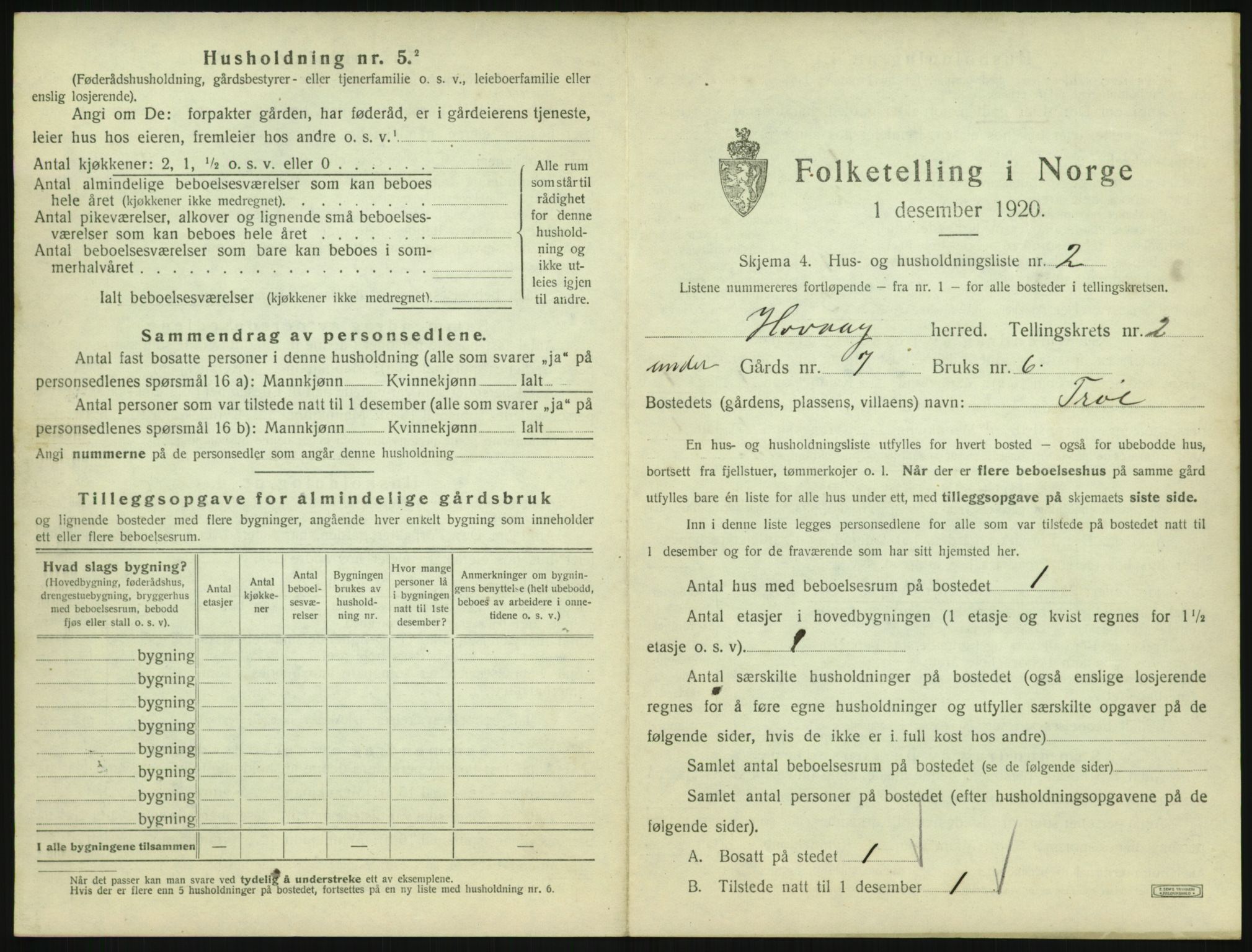 SAK, 1920 census for Høvåg, 1920, p. 94