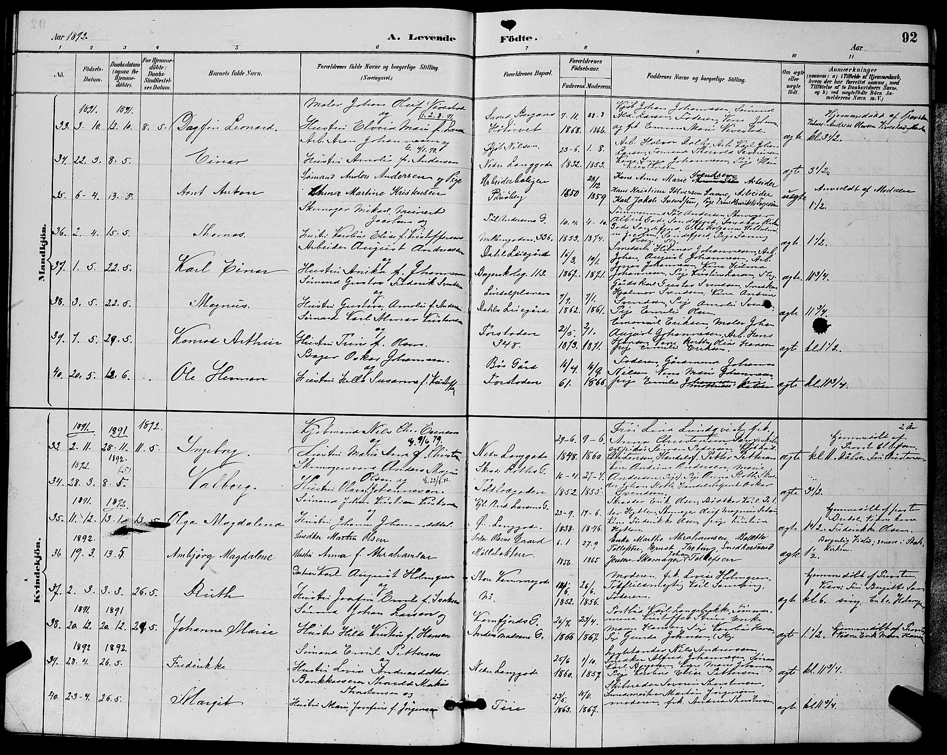 Tønsberg kirkebøker, AV/SAKO-A-330/G/Ga/L0006: Parish register (copy) no. 6, 1885-1895, p. 92