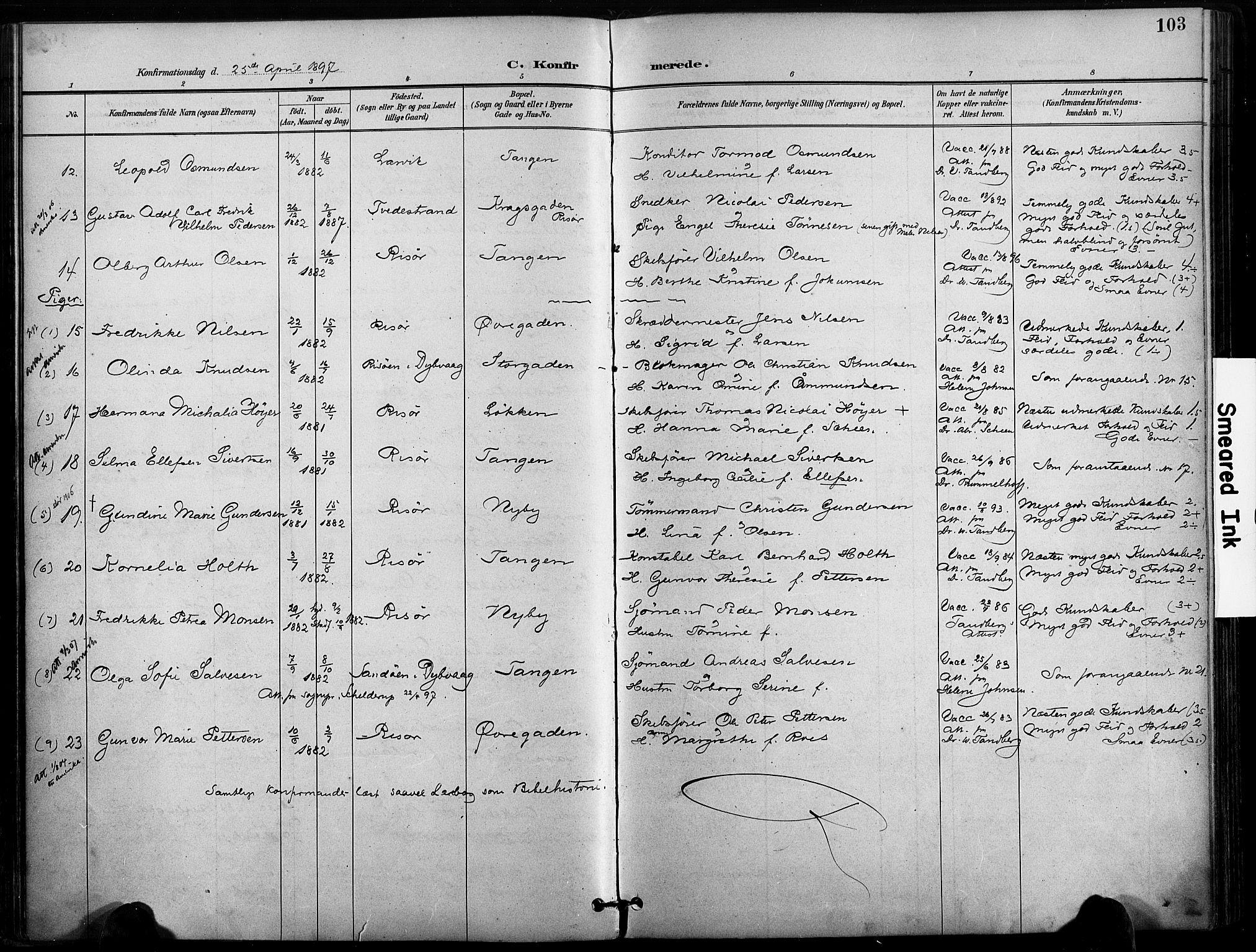 Risør sokneprestkontor, SAK/1111-0035/F/Fa/L0010: Parish register (official) no. A 10, 1896-1906, p. 103
