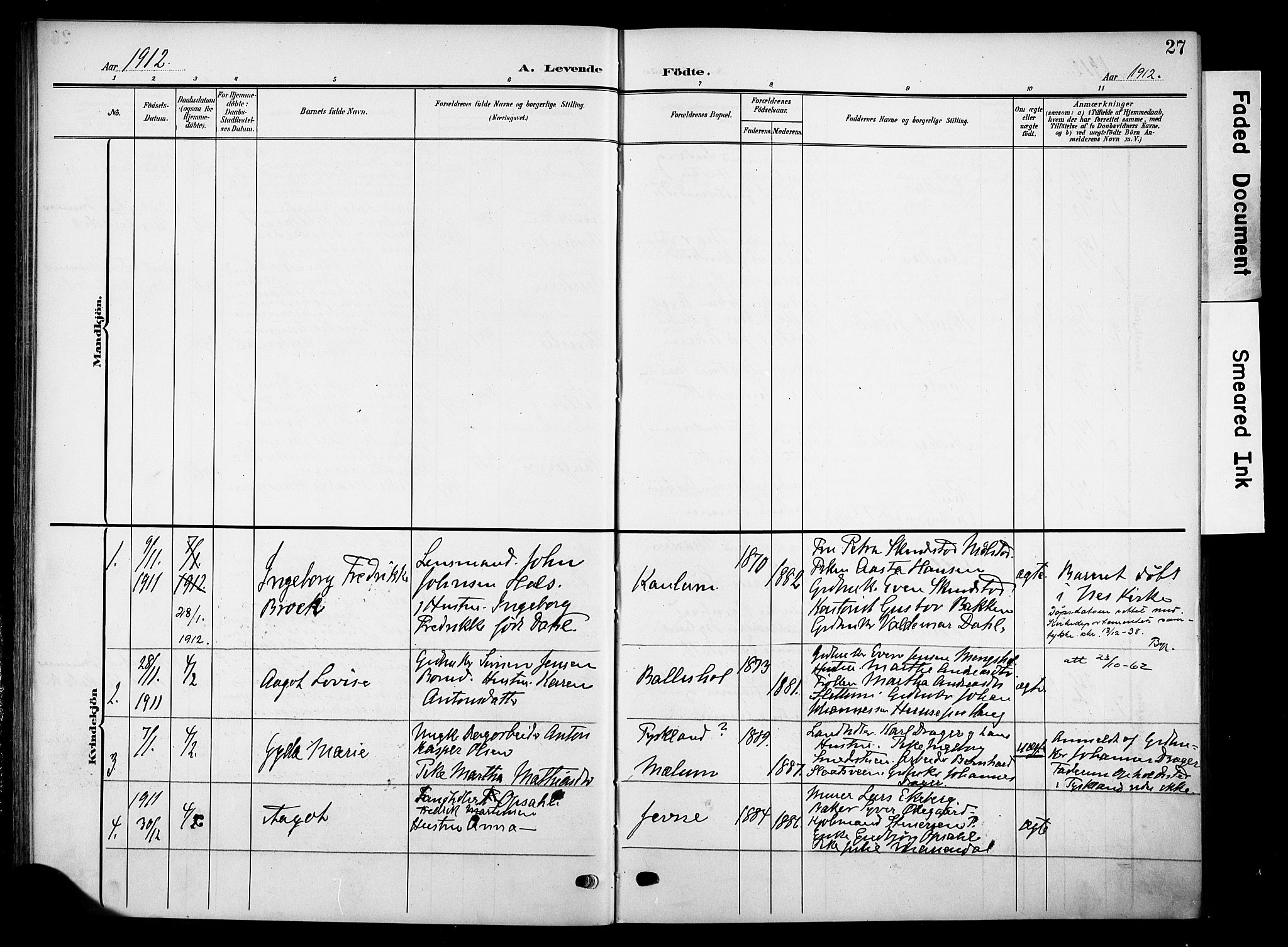 Nes prestekontor, Hedmark, SAH/PREST-020/K/Ka/L0013: Parish register (official) no. 13, 1906-1924, p. 27