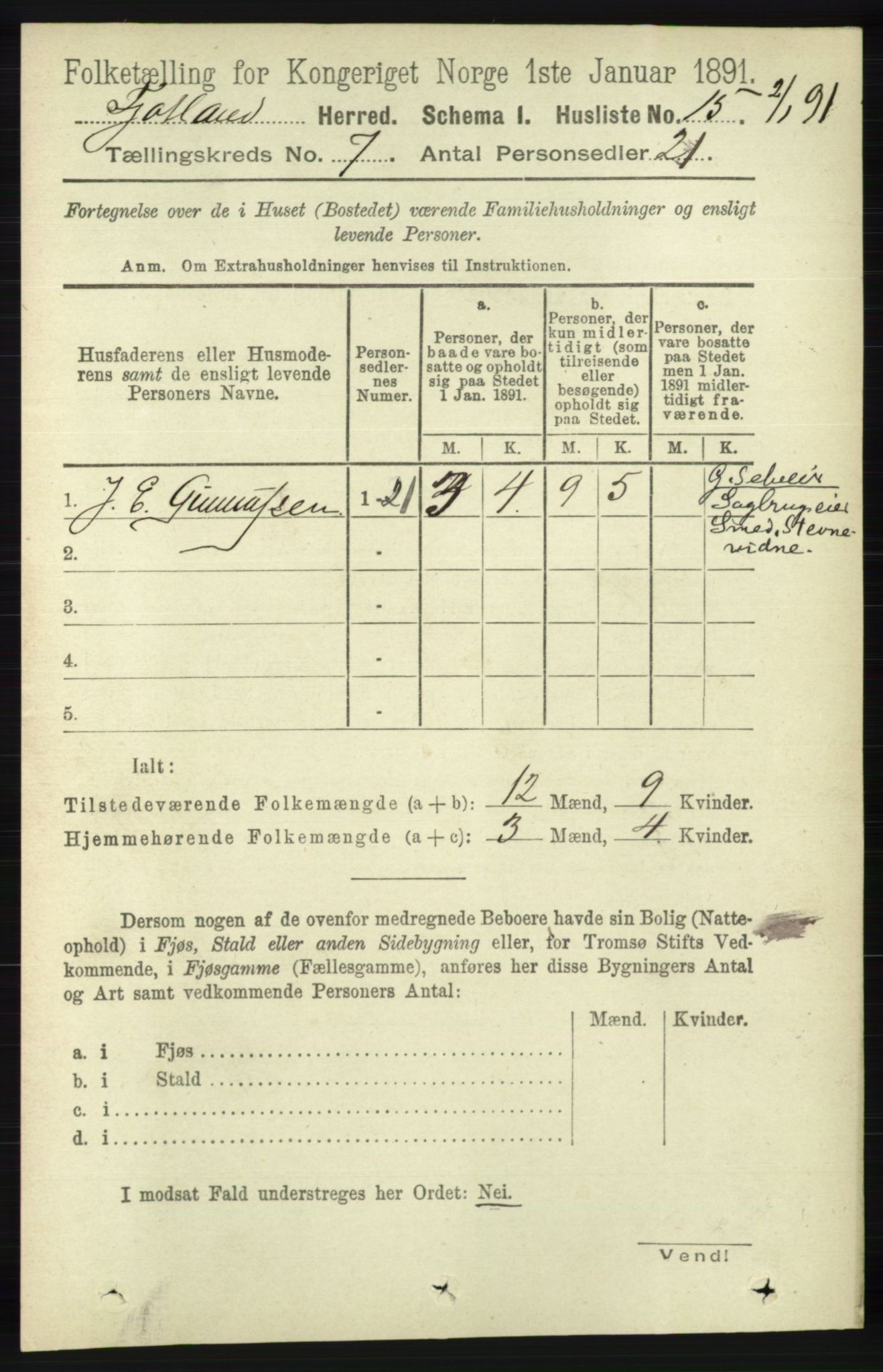 RA, 1891 census for 1036 Fjotland, 1891, p. 1009