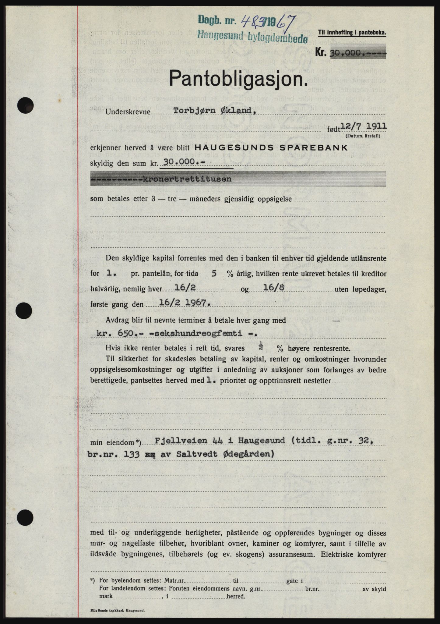 Haugesund tingrett, SAST/A-101415/01/II/IIC/L0056: Mortgage book no. B 56, 1966-1967, Diary no: : 483/1967