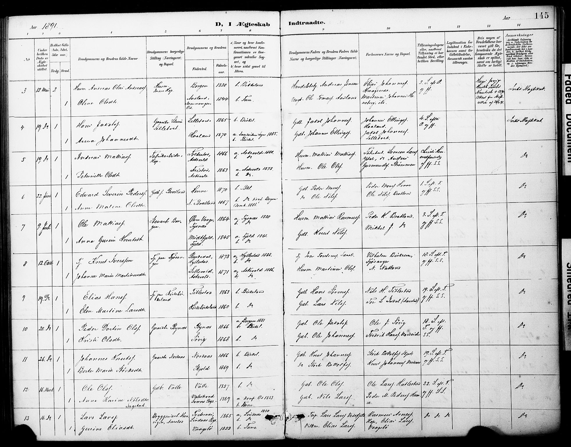 Fana Sokneprestembete, AV/SAB-A-75101/H/Haa/Haai/L0002: Parish register (official) no. I 2, 1888-1899, p. 145