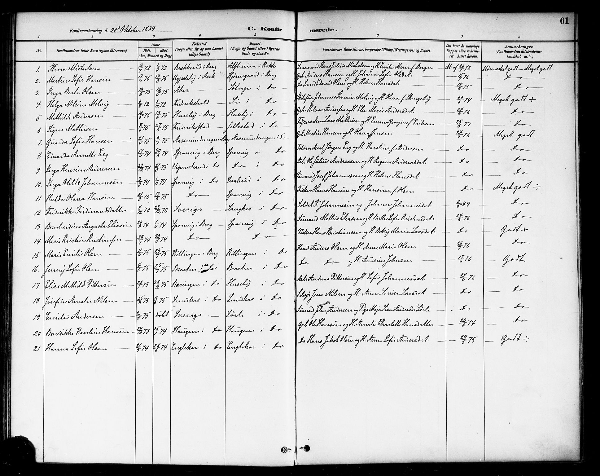 Berg prestekontor Kirkebøker, AV/SAO-A-10902/F/Fa/L0007: Parish register (official) no. I 7, 1888-1902, p. 61