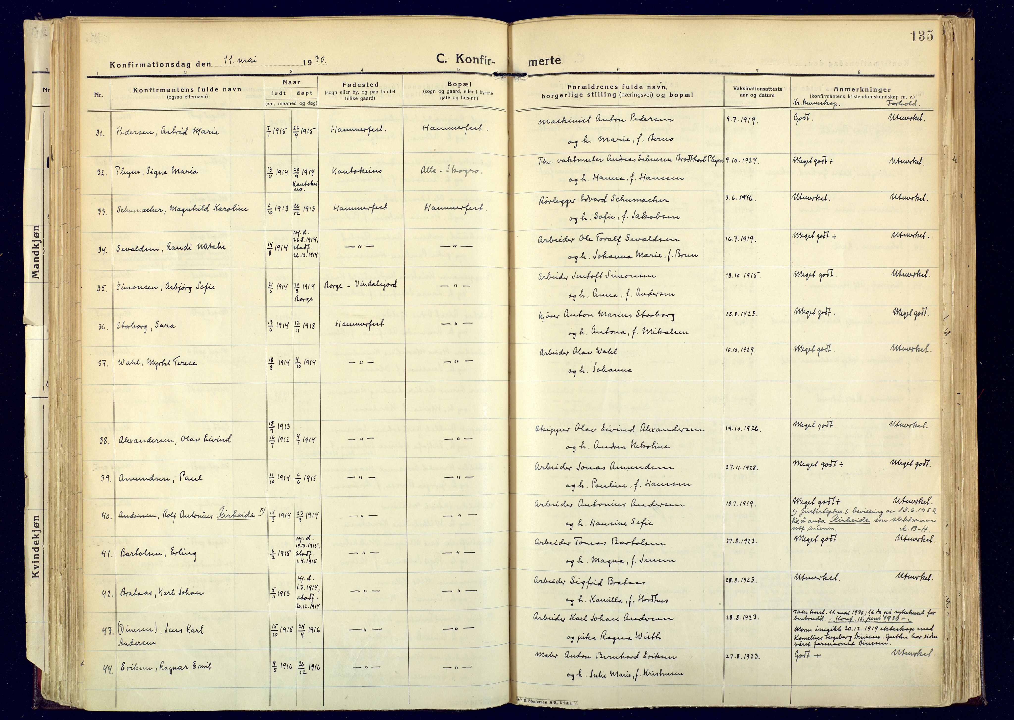 Hammerfest sokneprestkontor, AV/SATØ-S-1347/H/Ha/L0017.kirke: Parish register (official) no. 17, 1923-1933, p. 135