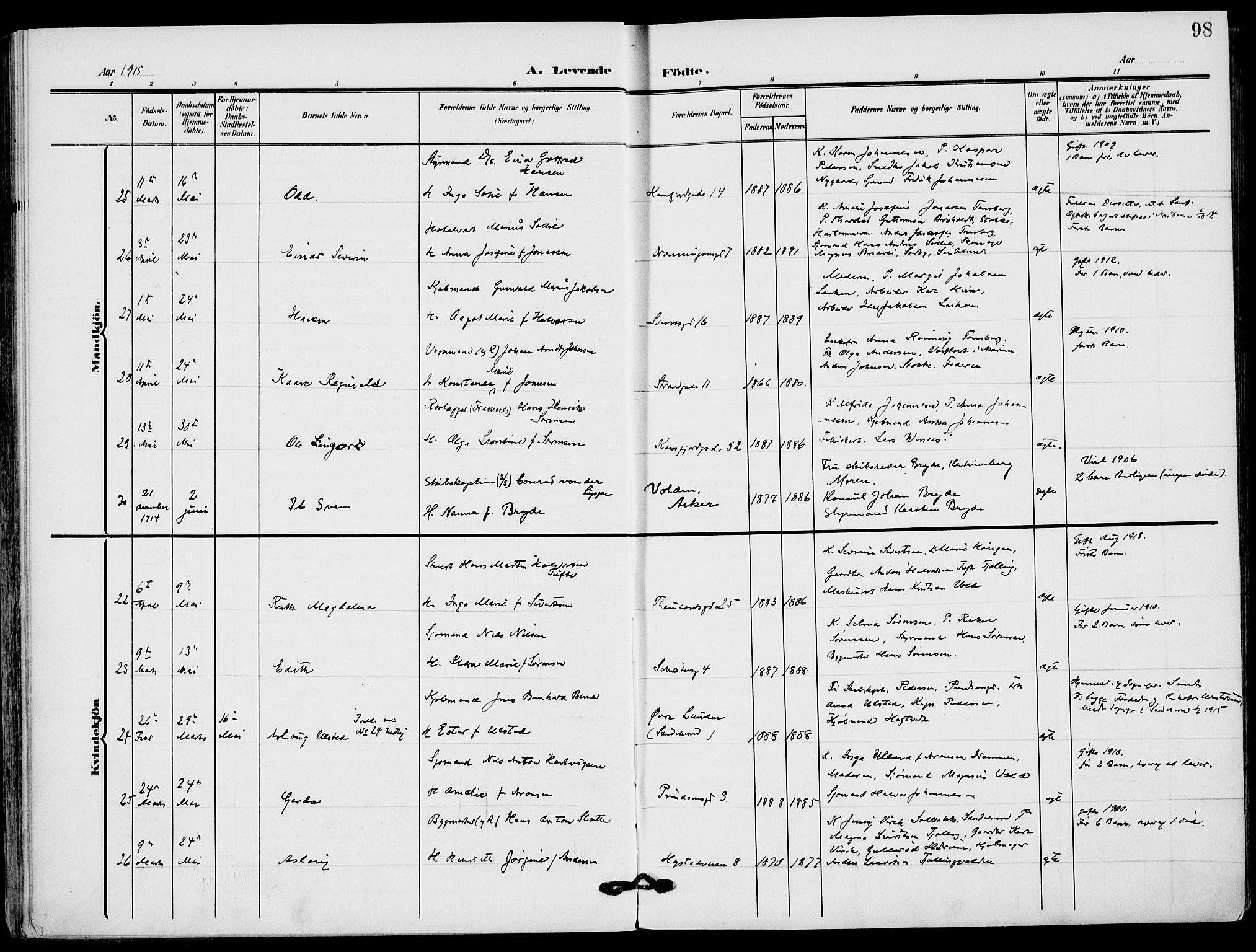 Sandefjord kirkebøker, AV/SAKO-A-315/F/Fa/L0005: Parish register (official) no. 5, 1906-1915, p. 98