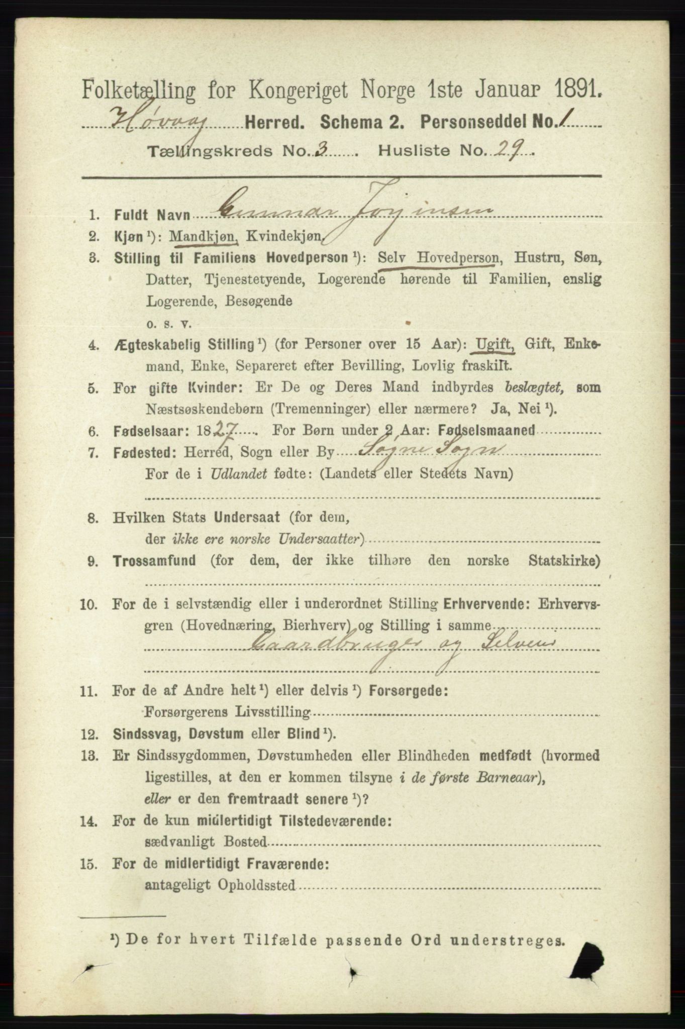 RA, 1891 census for 0927 Høvåg, 1891, p. 1154