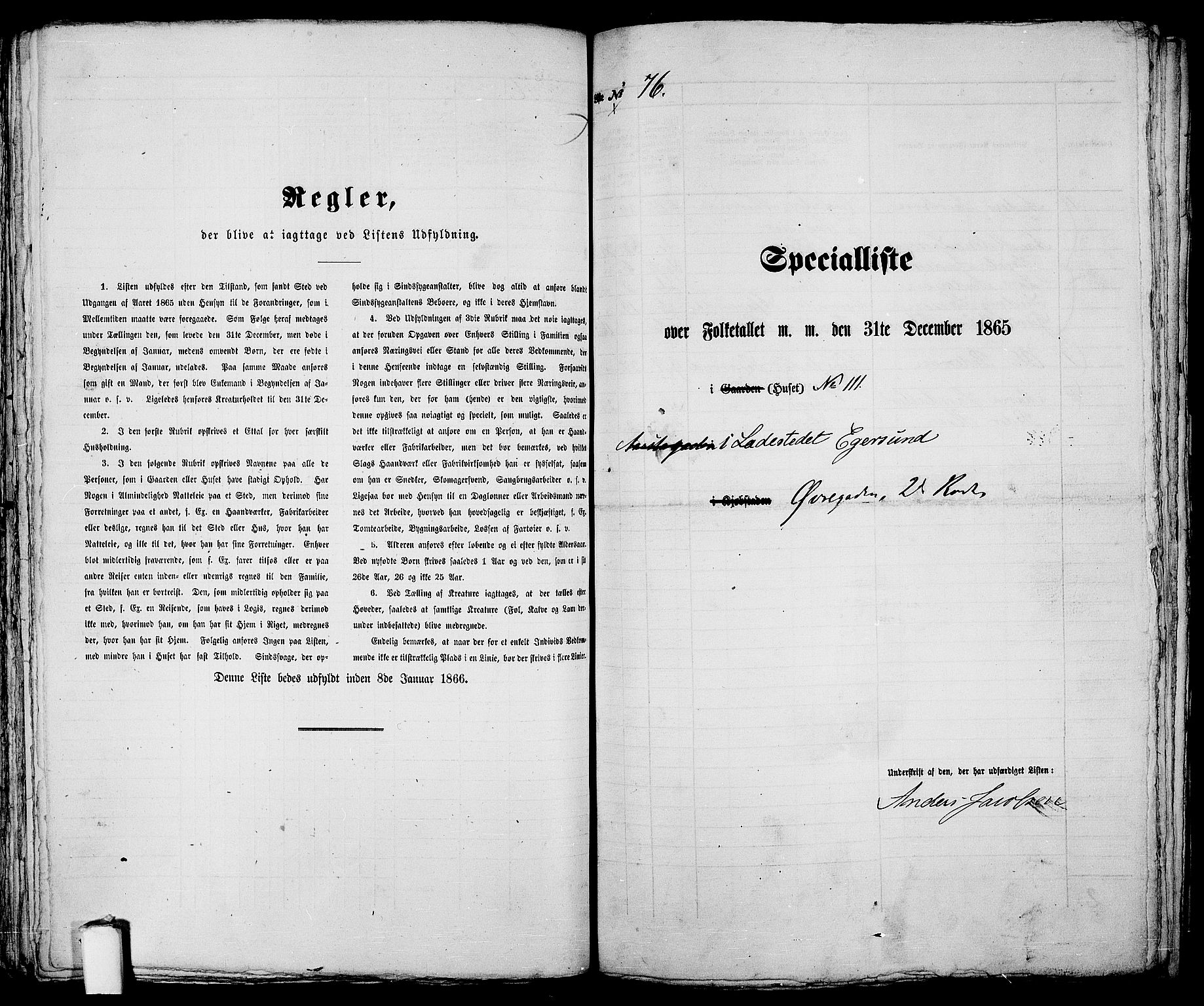 RA, 1865 census for Eigersund parish, Egersund town, 1865, p. 161