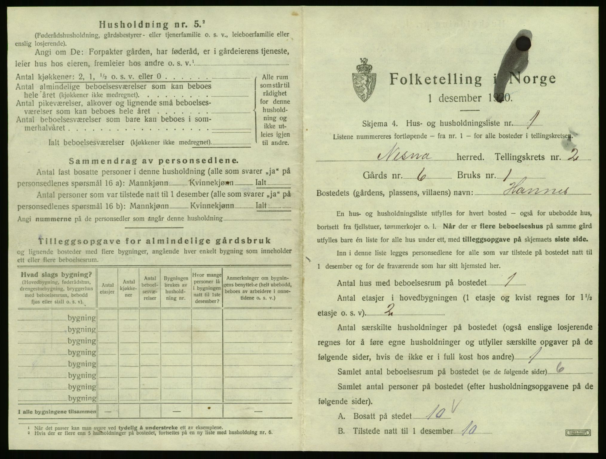 SAT, 1920 census for Nesna, 1920, p. 123