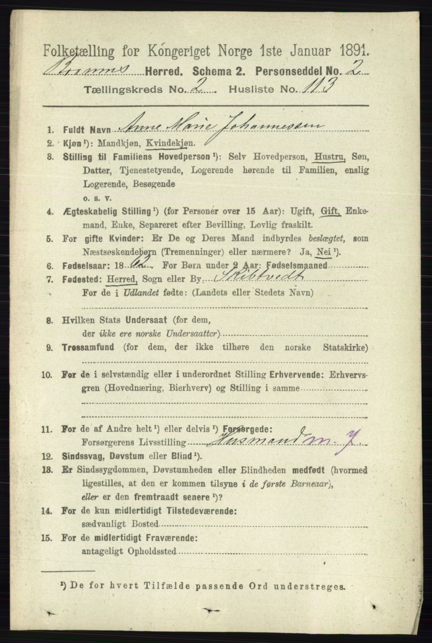 RA, 1891 census for 0219 Bærum, 1891, p. 1897