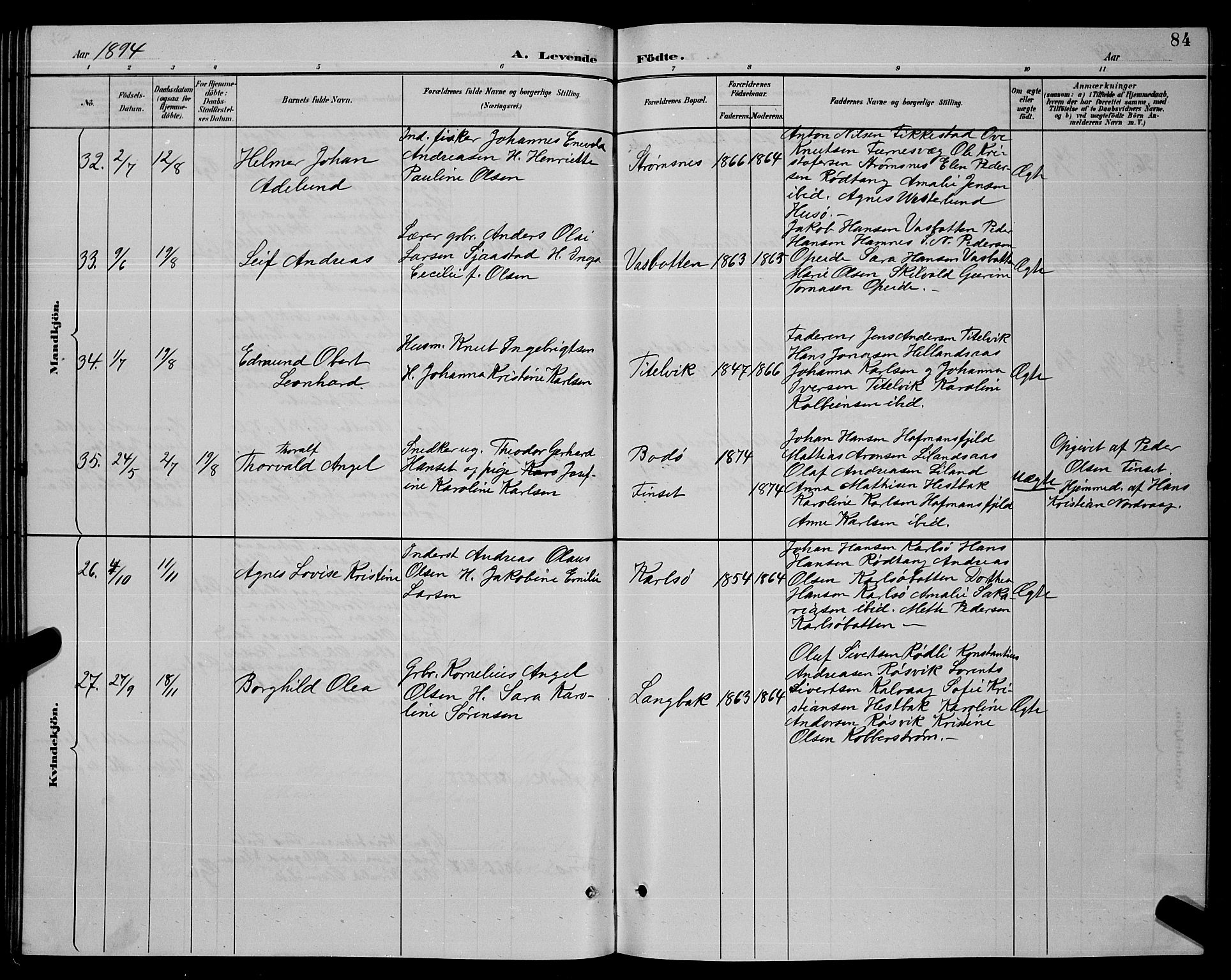 Ministerialprotokoller, klokkerbøker og fødselsregistre - Nordland, AV/SAT-A-1459/859/L0859: Parish register (copy) no. 859C05, 1887-1898, p. 84