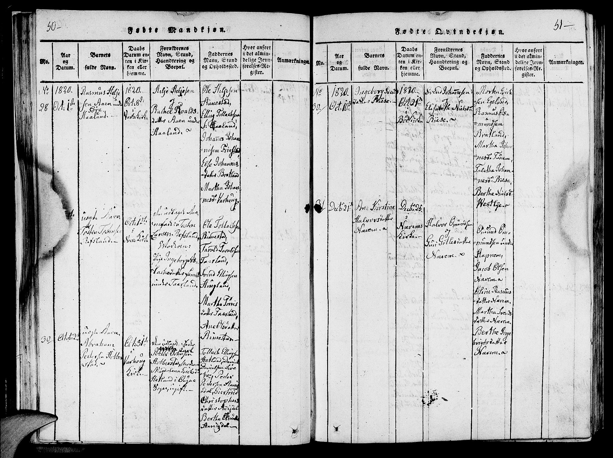 Hå sokneprestkontor, AV/SAST-A-101801/001/30BA/L0003: Parish register (official) no. A 3, 1815-1825, p. 50-51