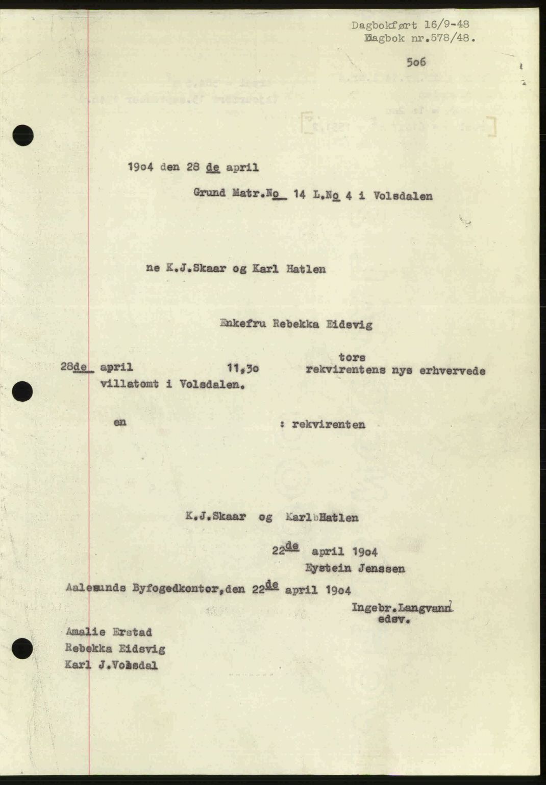 Ålesund byfogd, AV/SAT-A-4384: Mortgage book no. 37A (1), 1947-1949, Diary no: : 578/1948