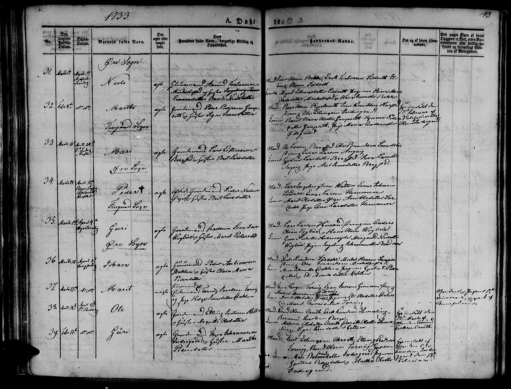 Ministerialprotokoller, klokkerbøker og fødselsregistre - Møre og Romsdal, AV/SAT-A-1454/586/L0983: Parish register (official) no. 586A09, 1829-1843, p. 43