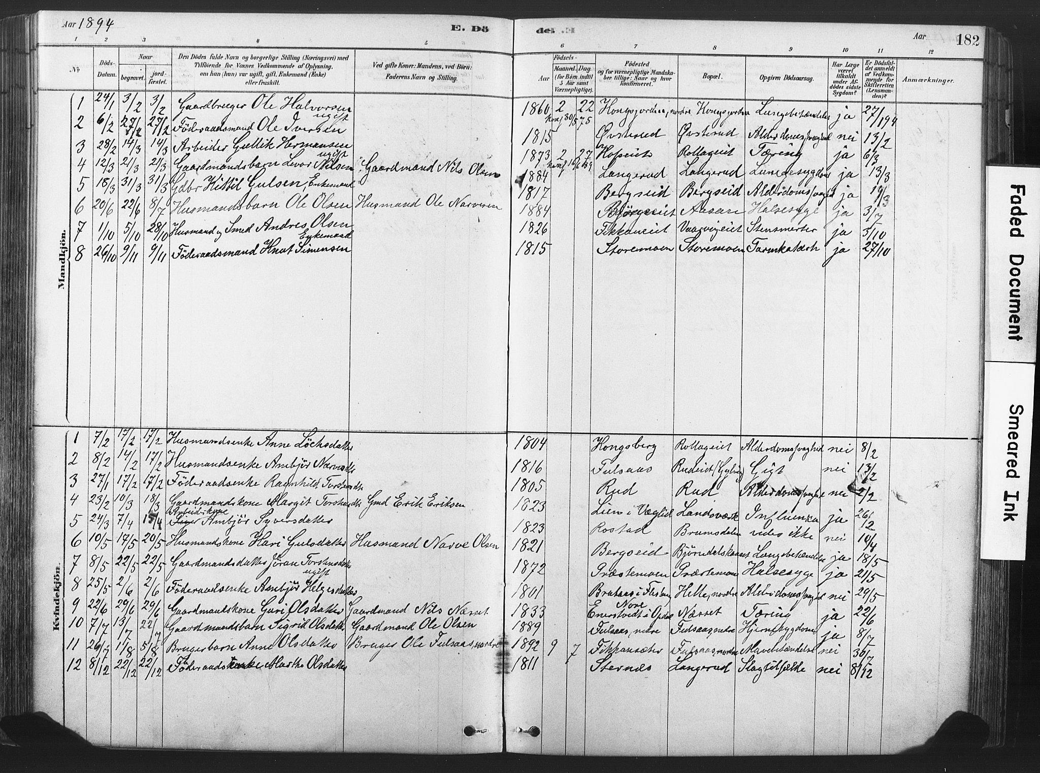Rollag kirkebøker, AV/SAKO-A-240/F/Fa/L0011: Parish register (official) no. I 11, 1878-1902, p. 182