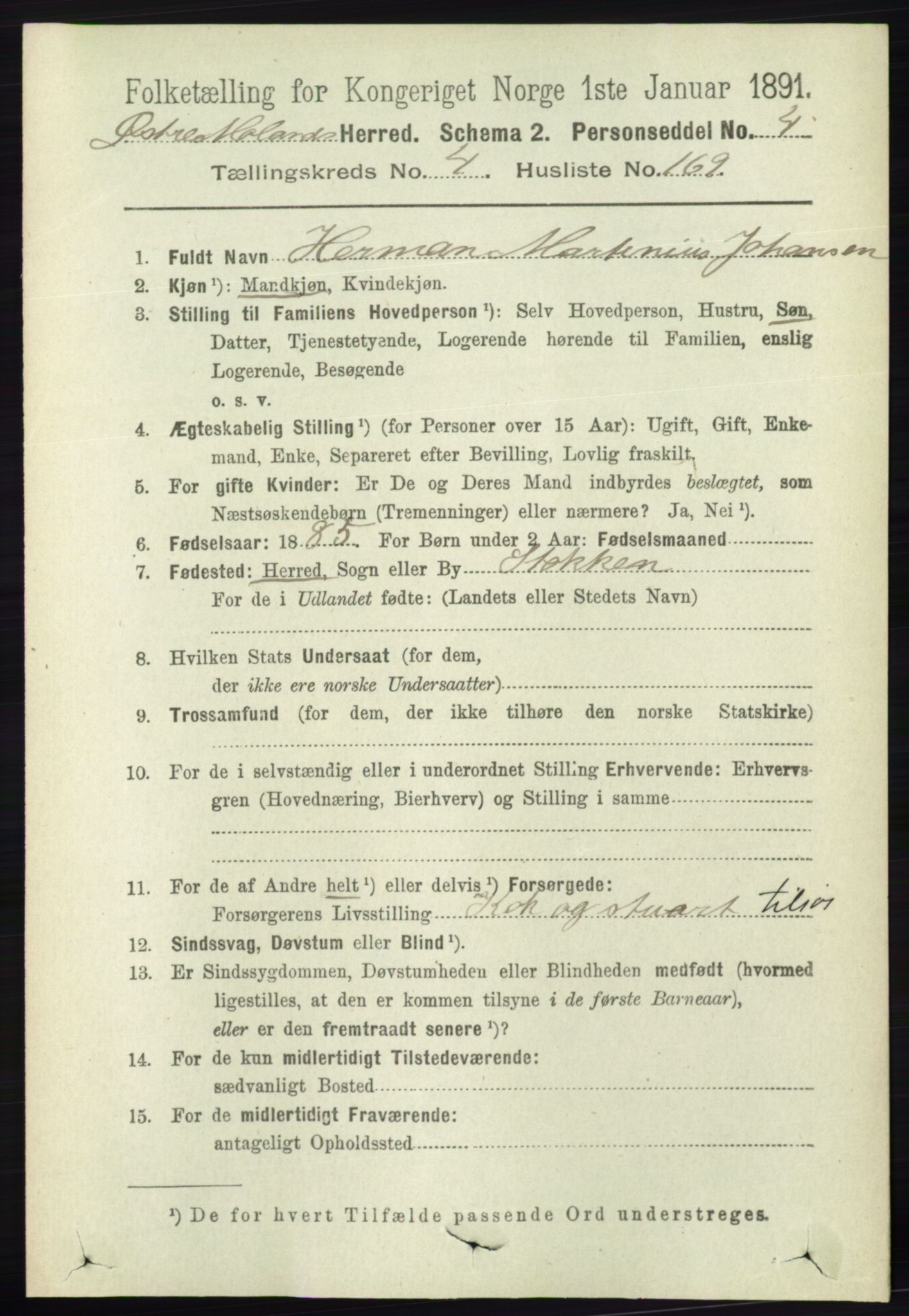 RA, 1891 census for 0918 Austre Moland, 1891, p. 2936