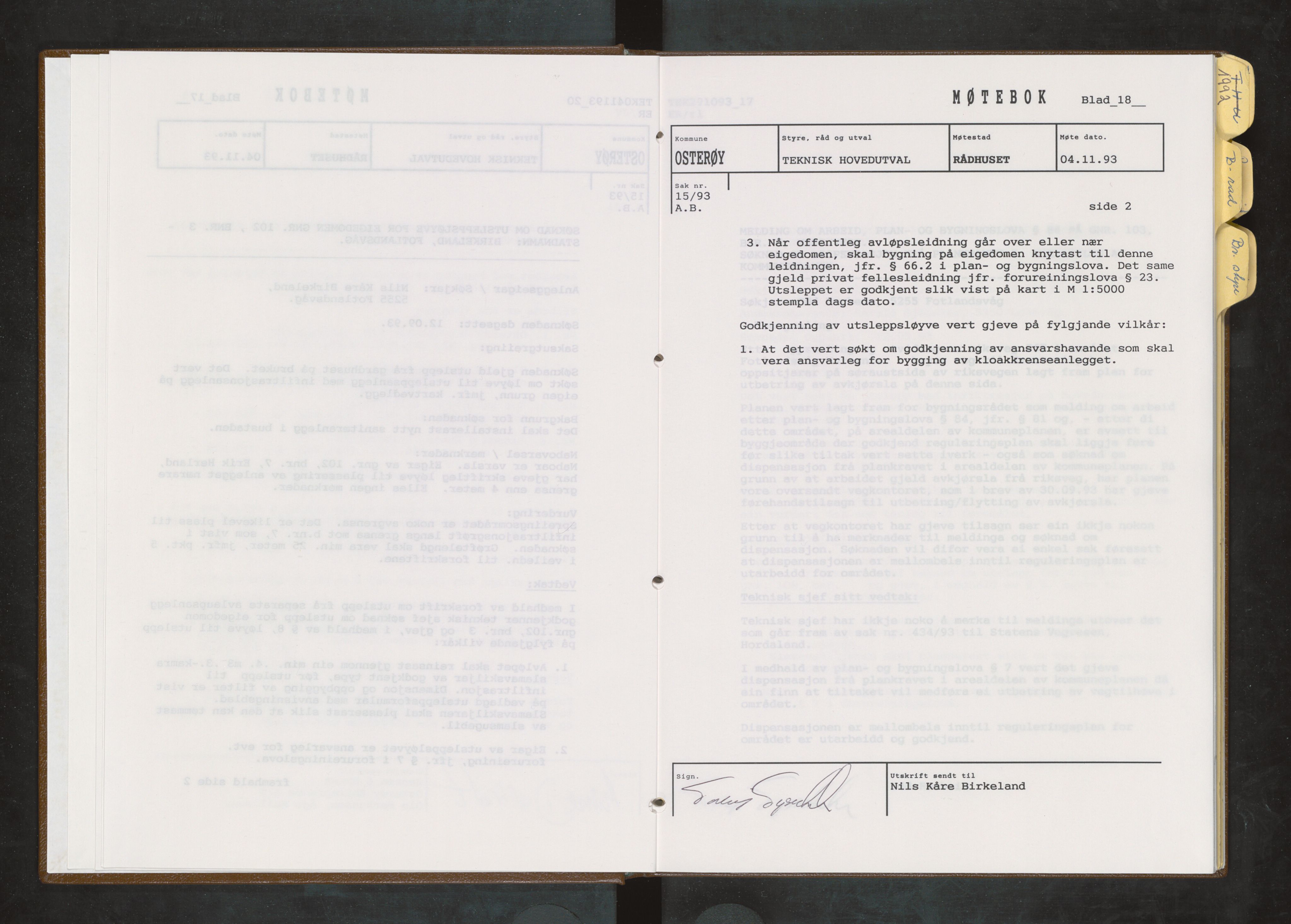 Osterøy kommune. Bygningsrådet, IKAH/1253b-511/A/Ad/L0002: Møtebok bygningssjefen, 1991-1993