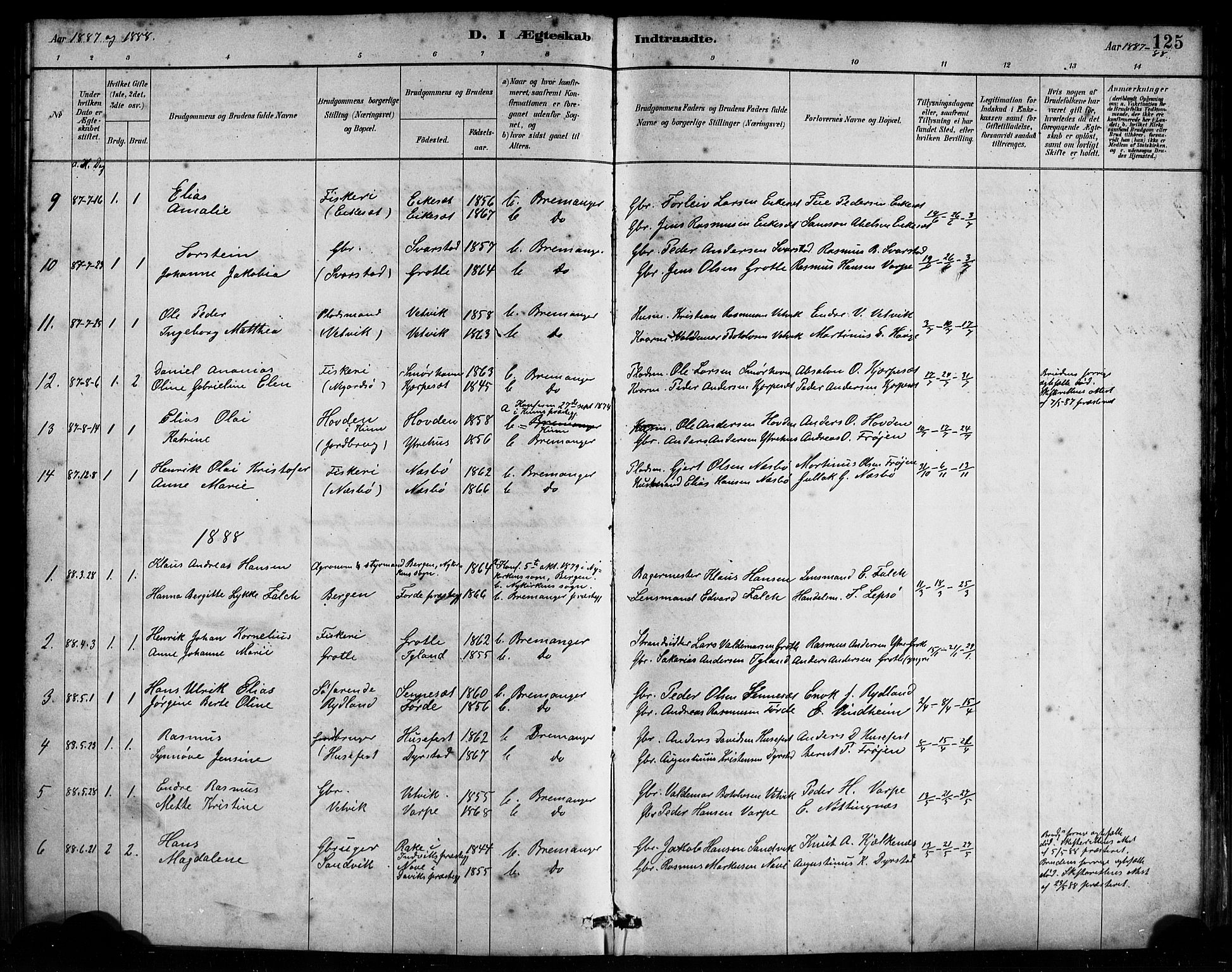 Bremanger sokneprestembete, SAB/A-82201/H/Haa/Haab/L0001: Parish register (official) no. B 1, 1884-1895, p. 125