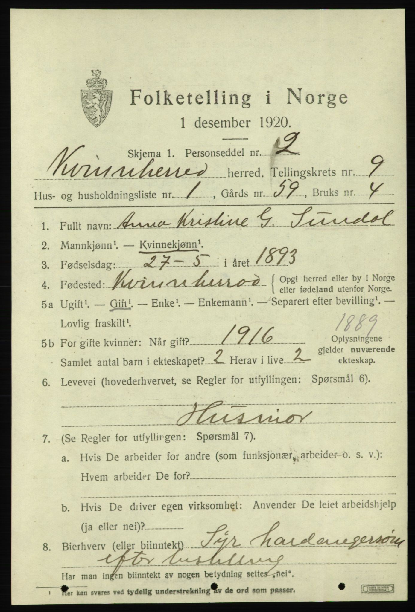 SAB, 1920 census for Kvinnherad, 1920, p. 6706