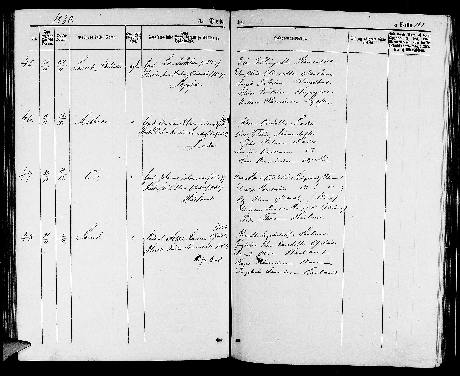 Hå sokneprestkontor, AV/SAST-A-101801/001/30BB/L0001: Parish register (copy) no. B 1, 1854-1883, p. 143