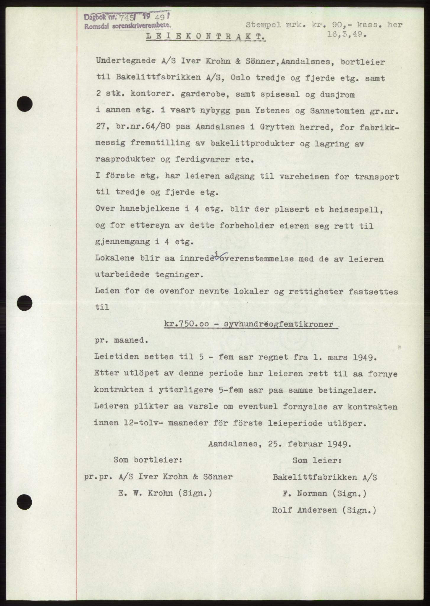 Romsdal sorenskriveri, AV/SAT-A-4149/1/2/2C: Mortgage book no. B4, 1948-1949, Diary no: : 745/1949