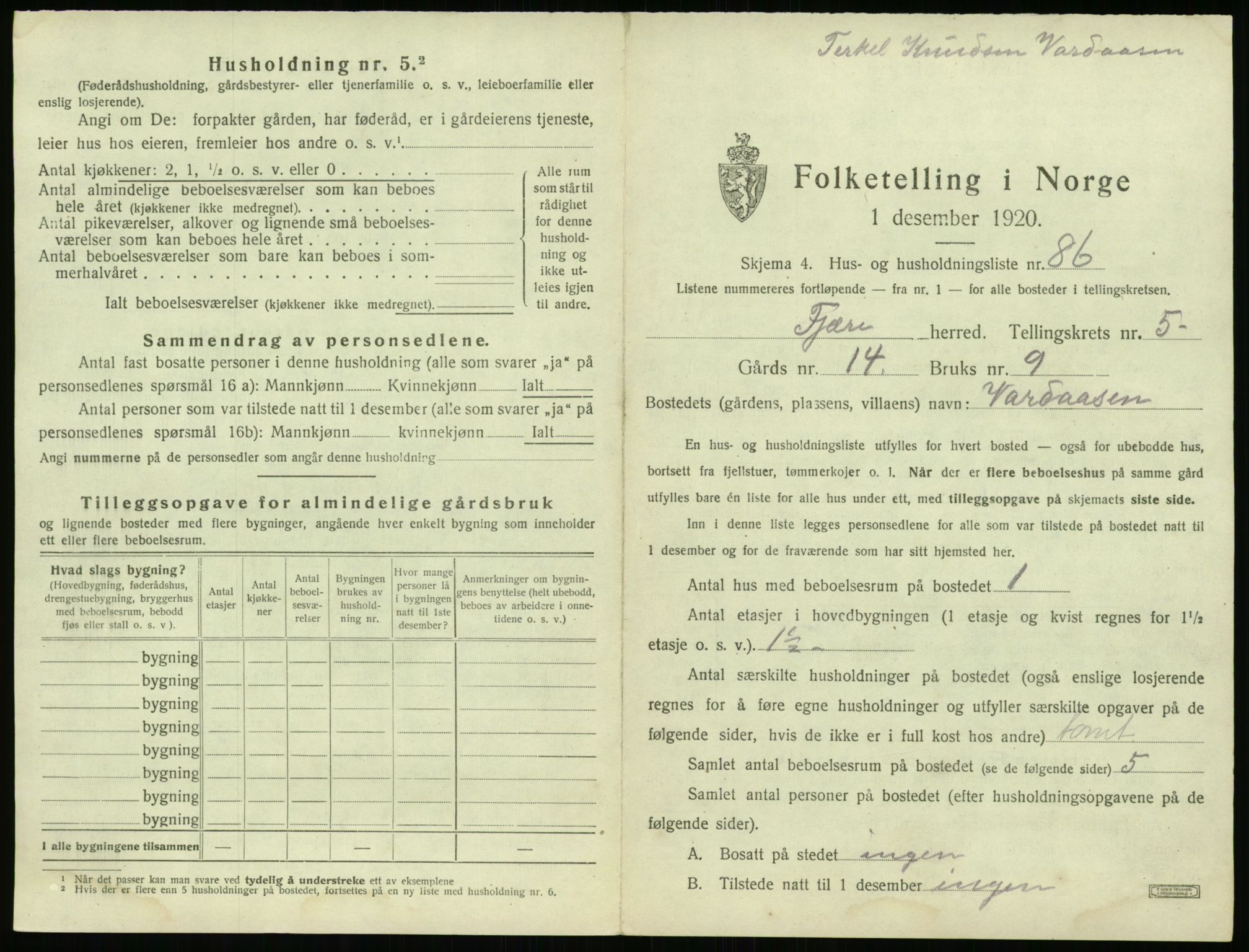 SAK, 1920 census for Fjære, 1920, p. 1183