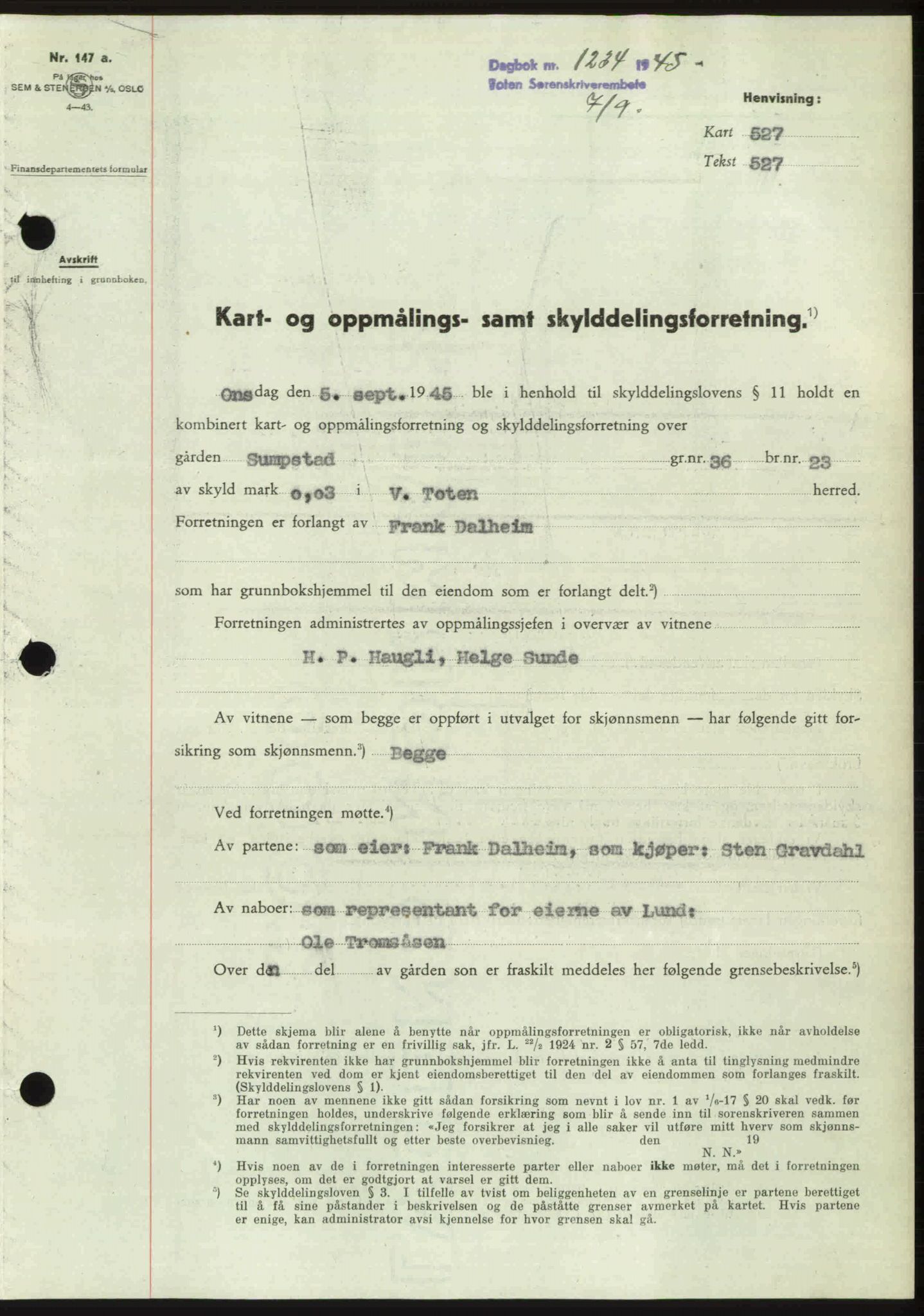 Toten tingrett, SAH/TING-006/H/Hb/Hbc/L0013: Mortgage book no. Hbc-13, 1945-1945, Diary no: : 1234/1945