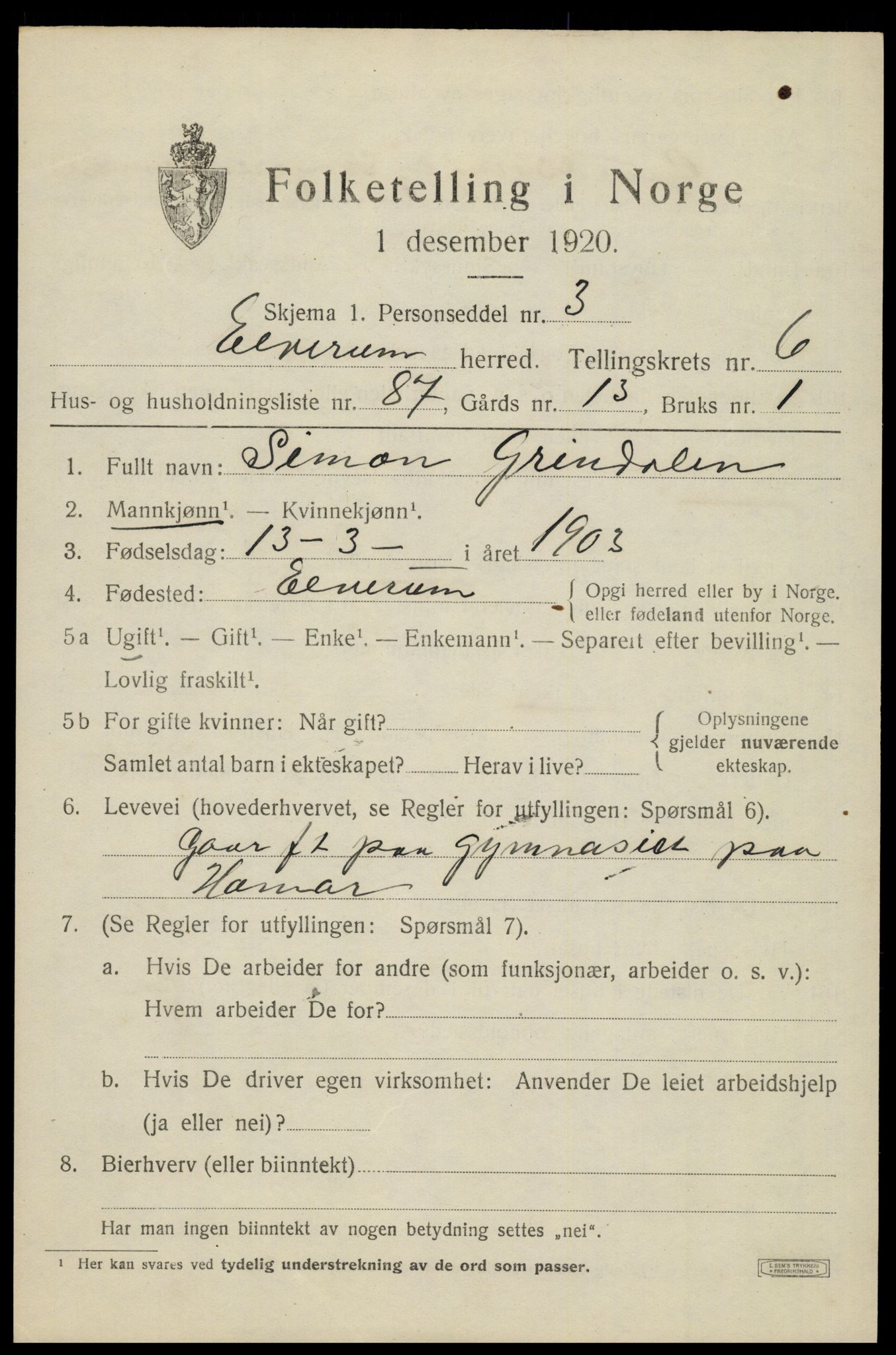 SAH, 1920 census for Elverum, 1920, p. 10838
