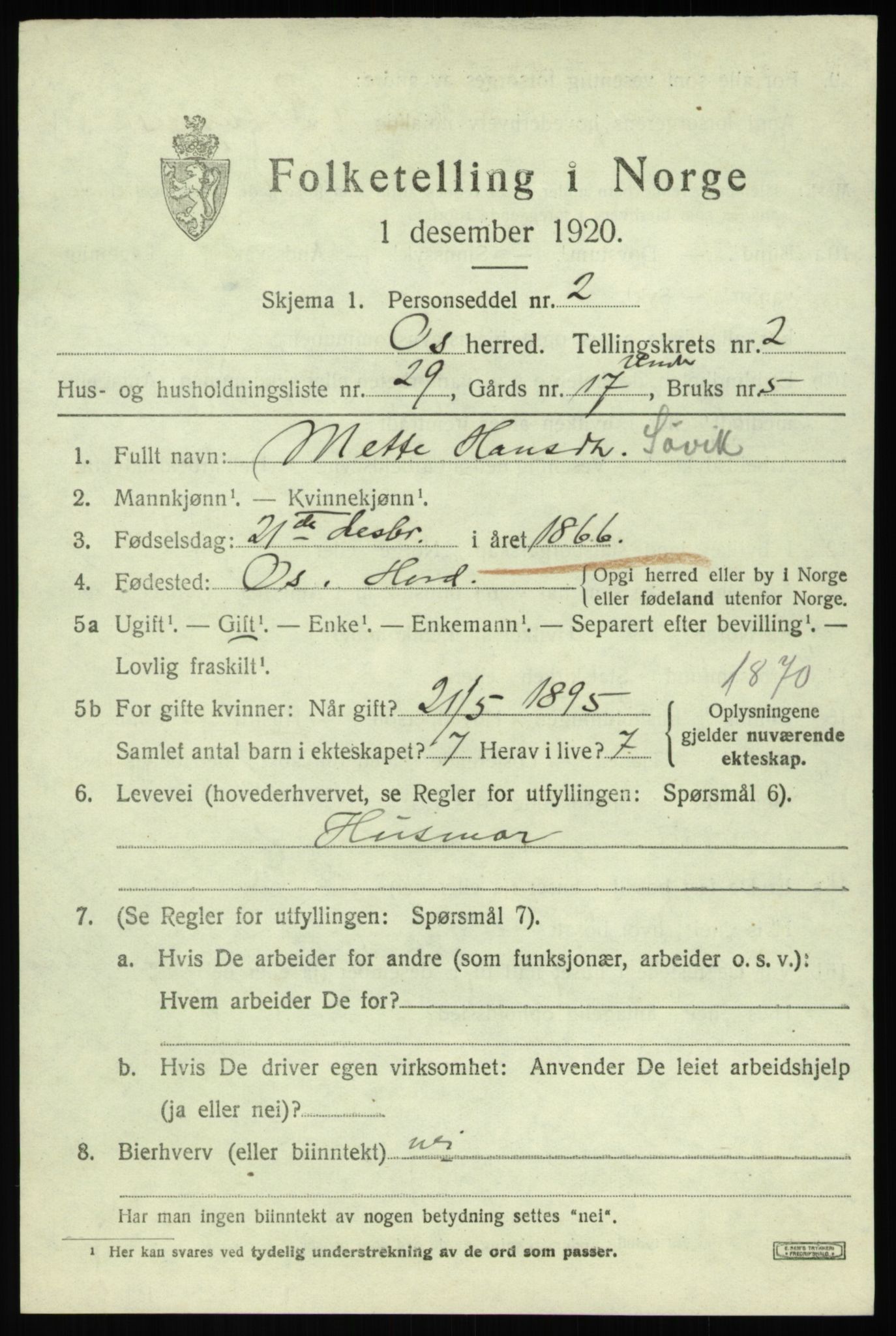 SAB, 1920 census for Os, 1920, p. 2190