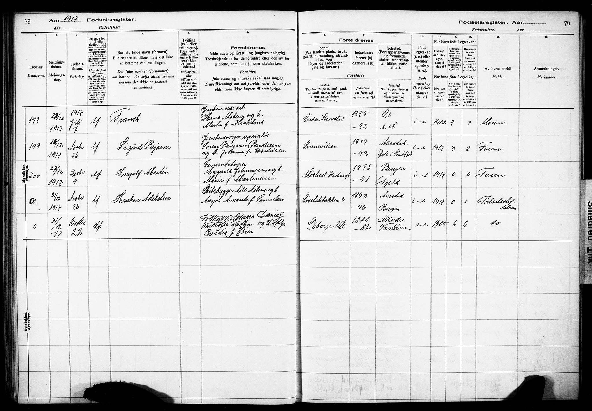 Årstad Sokneprestembete, AV/SAB-A-79301/I/Id/L0A01: Birth register no. A 1, 1916-1920, p. 79