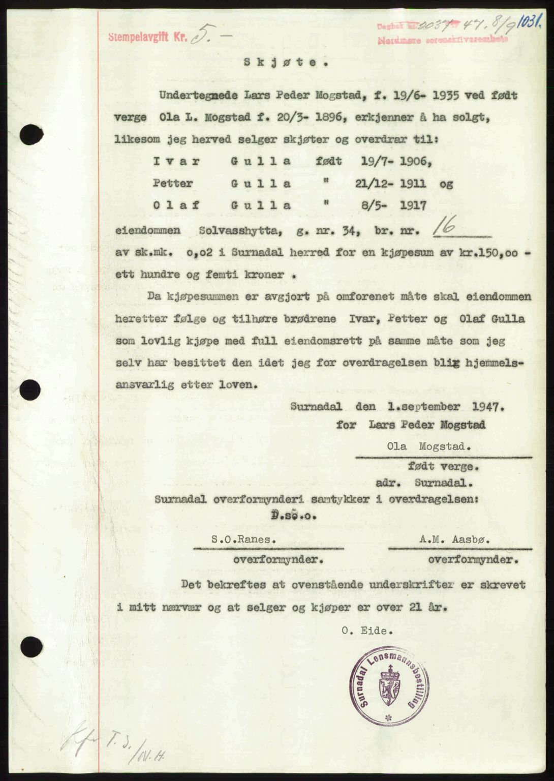 Nordmøre sorenskriveri, AV/SAT-A-4132/1/2/2Ca: Mortgage book no. A105, 1947-1947, Diary no: : 2037/1947